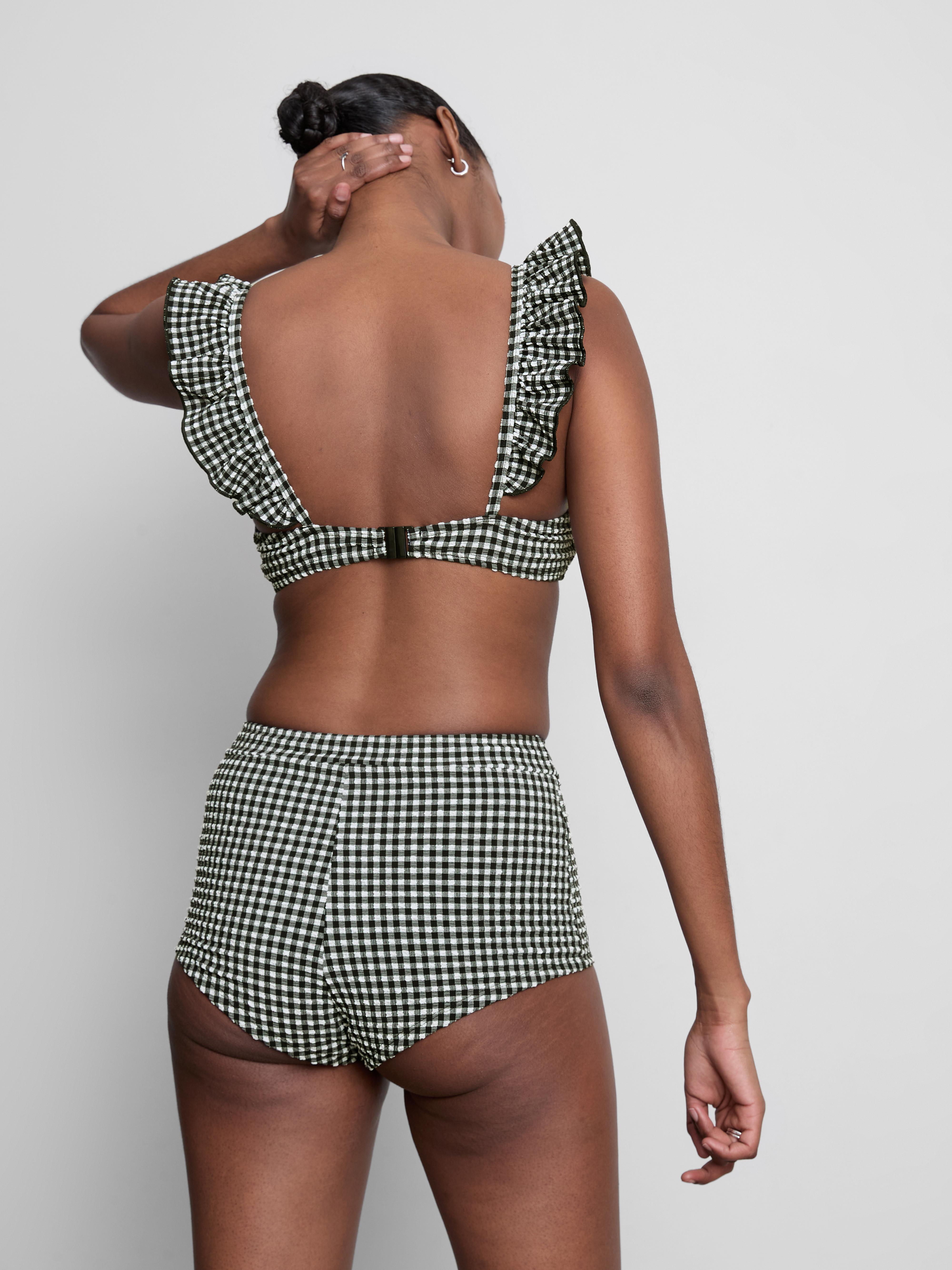 Women's Black High-Waisted Gingham Bikini Shorts