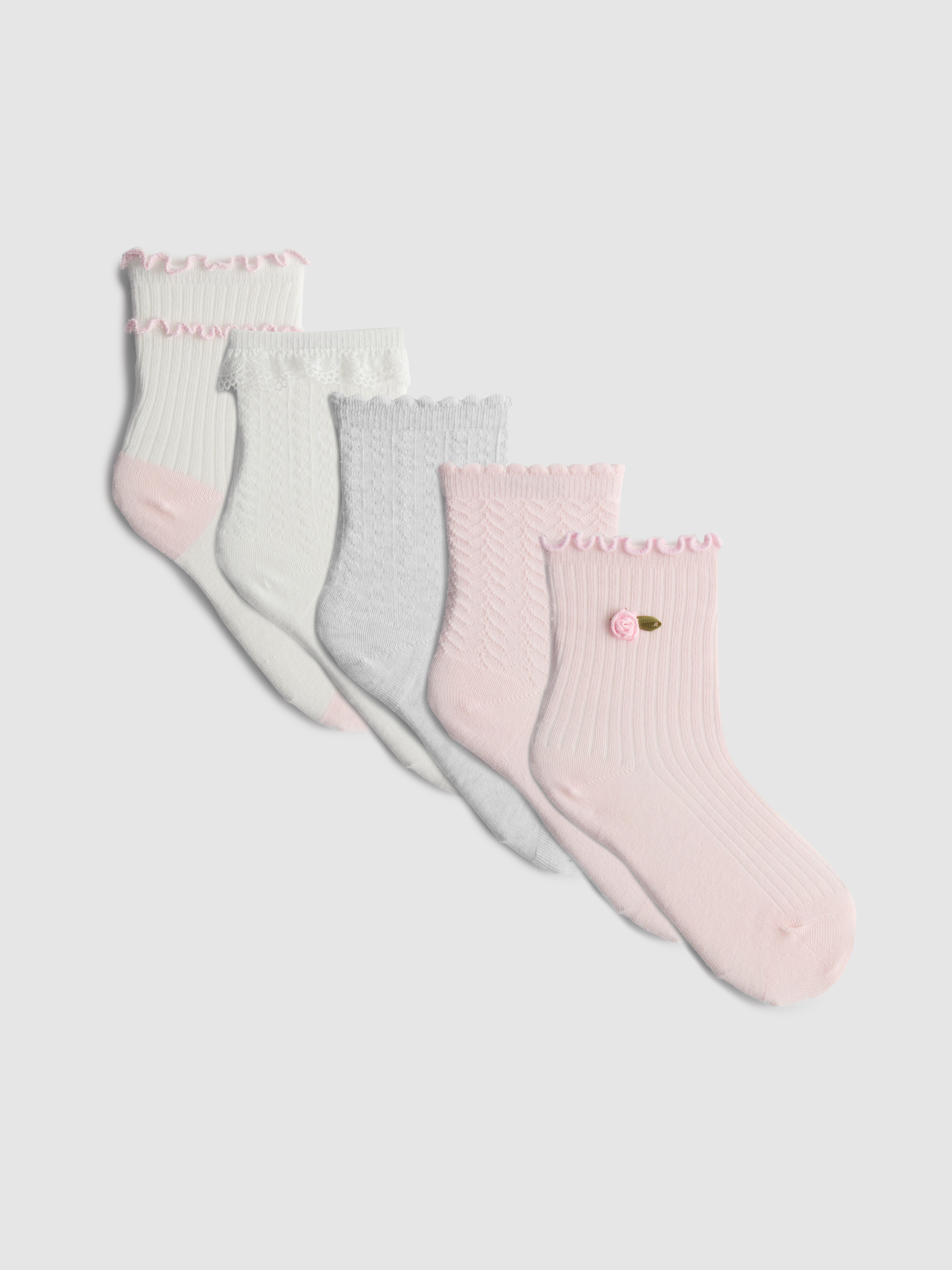 Girls White 5pk Textured Ankle Socks