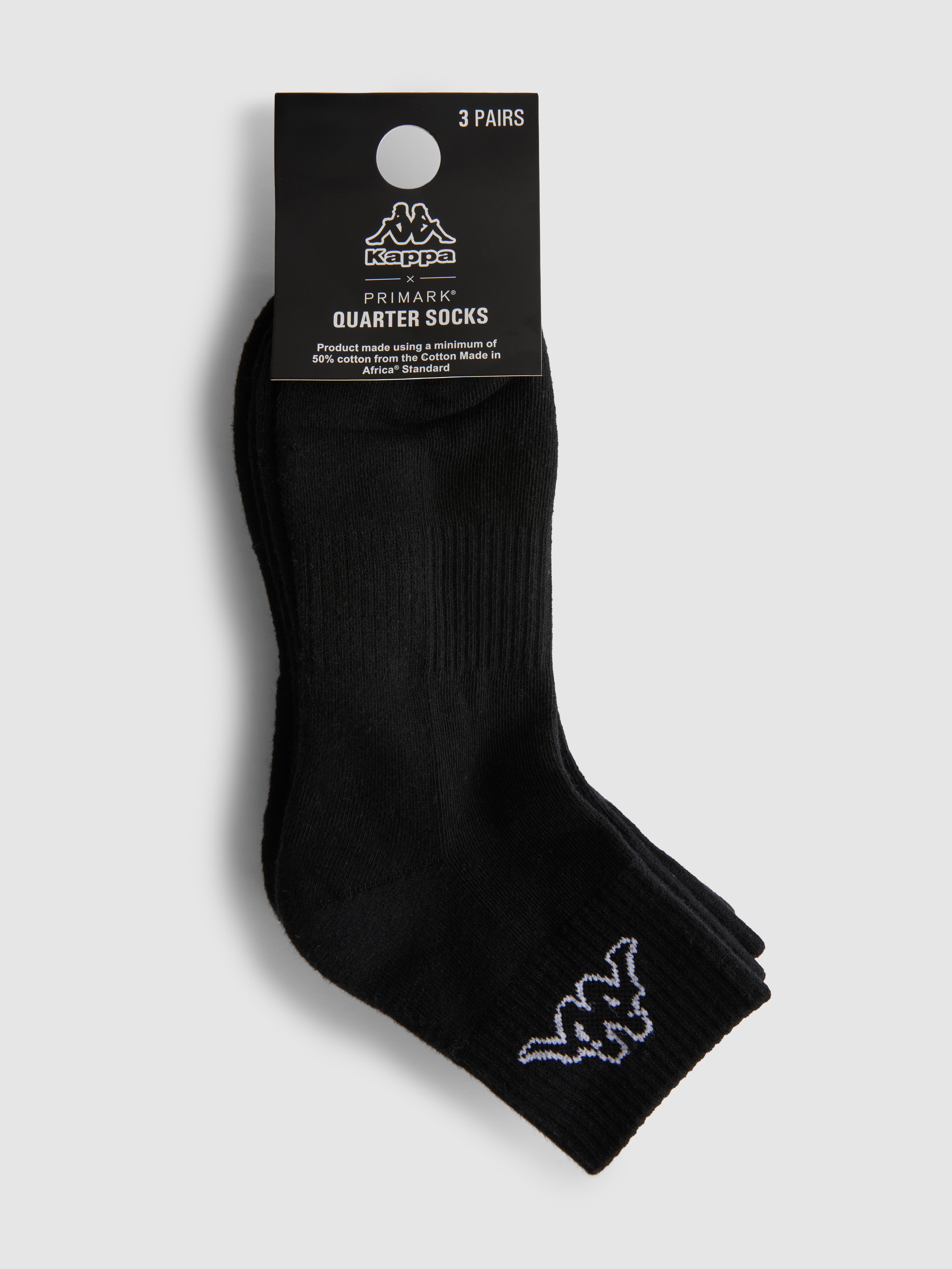 Men's Black 3-Pack Kappa x Primark Quarter Crew Socks