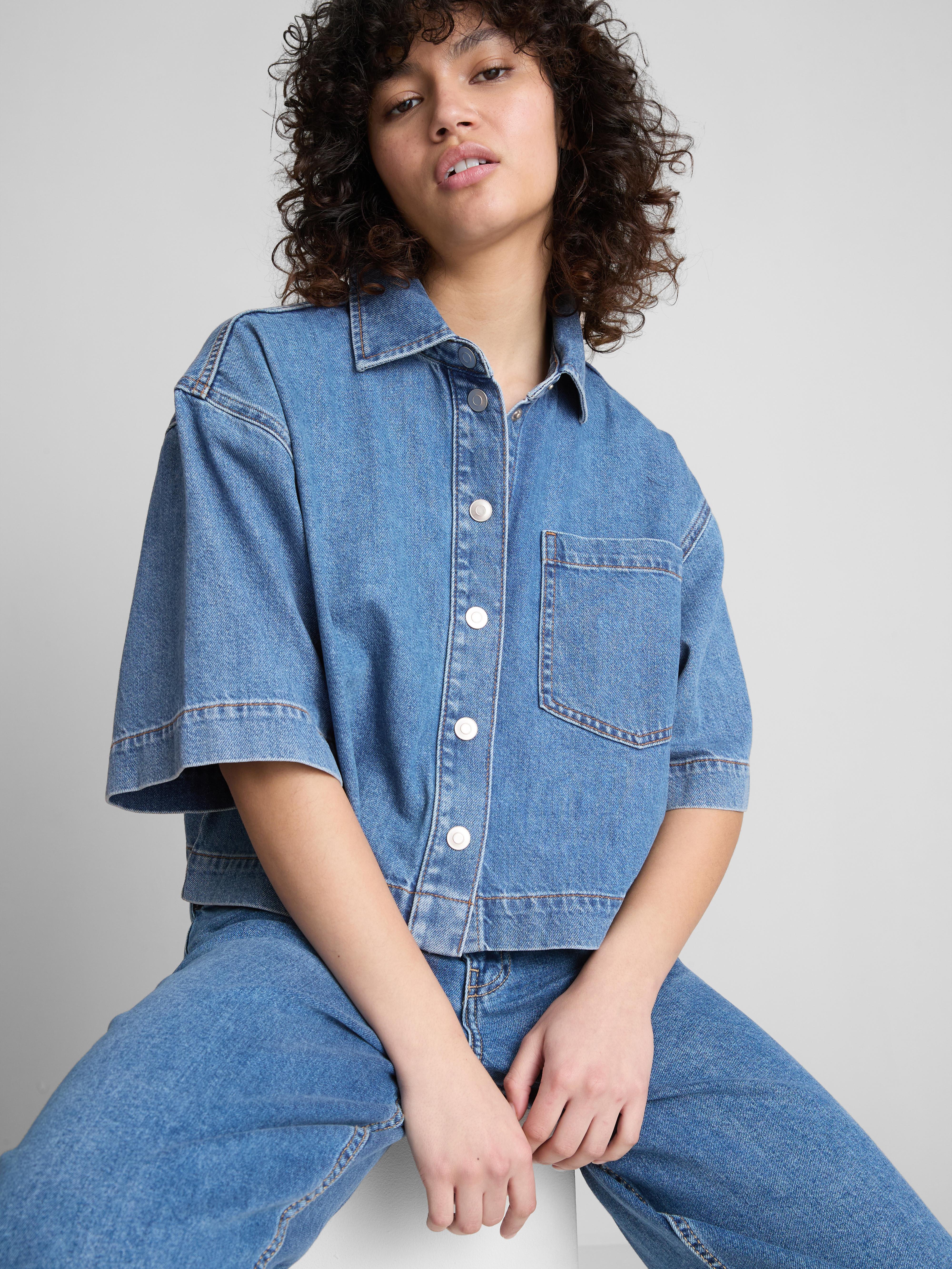 Cotton Denim Cropped Boxy Shirt Mid Blue