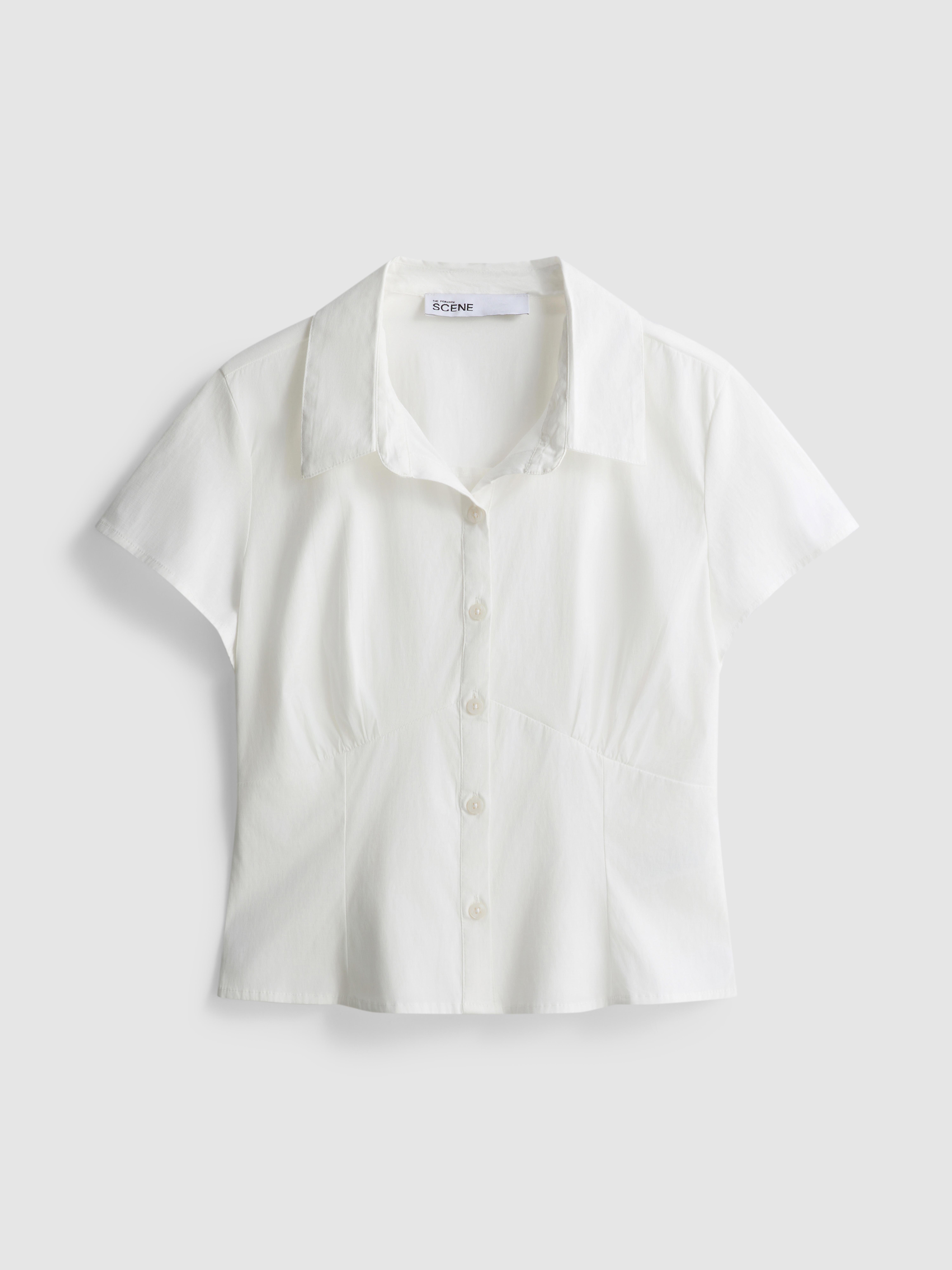Women's White Cropped Fitted Short-Sleeve Shirt