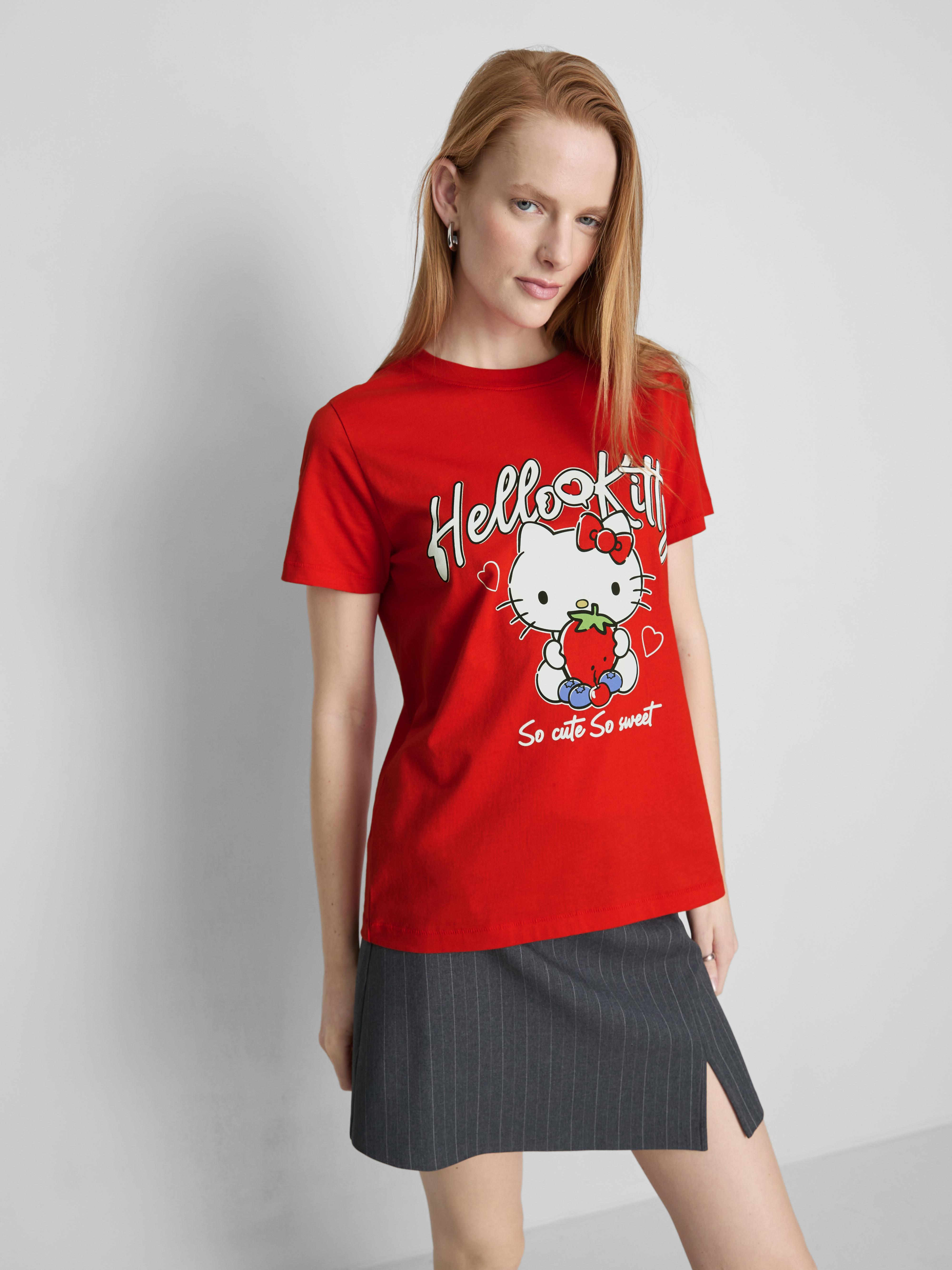 Lässiges „Hello Kitty“ Baumwoll-T-Shirt mit Edrbeer-Print
