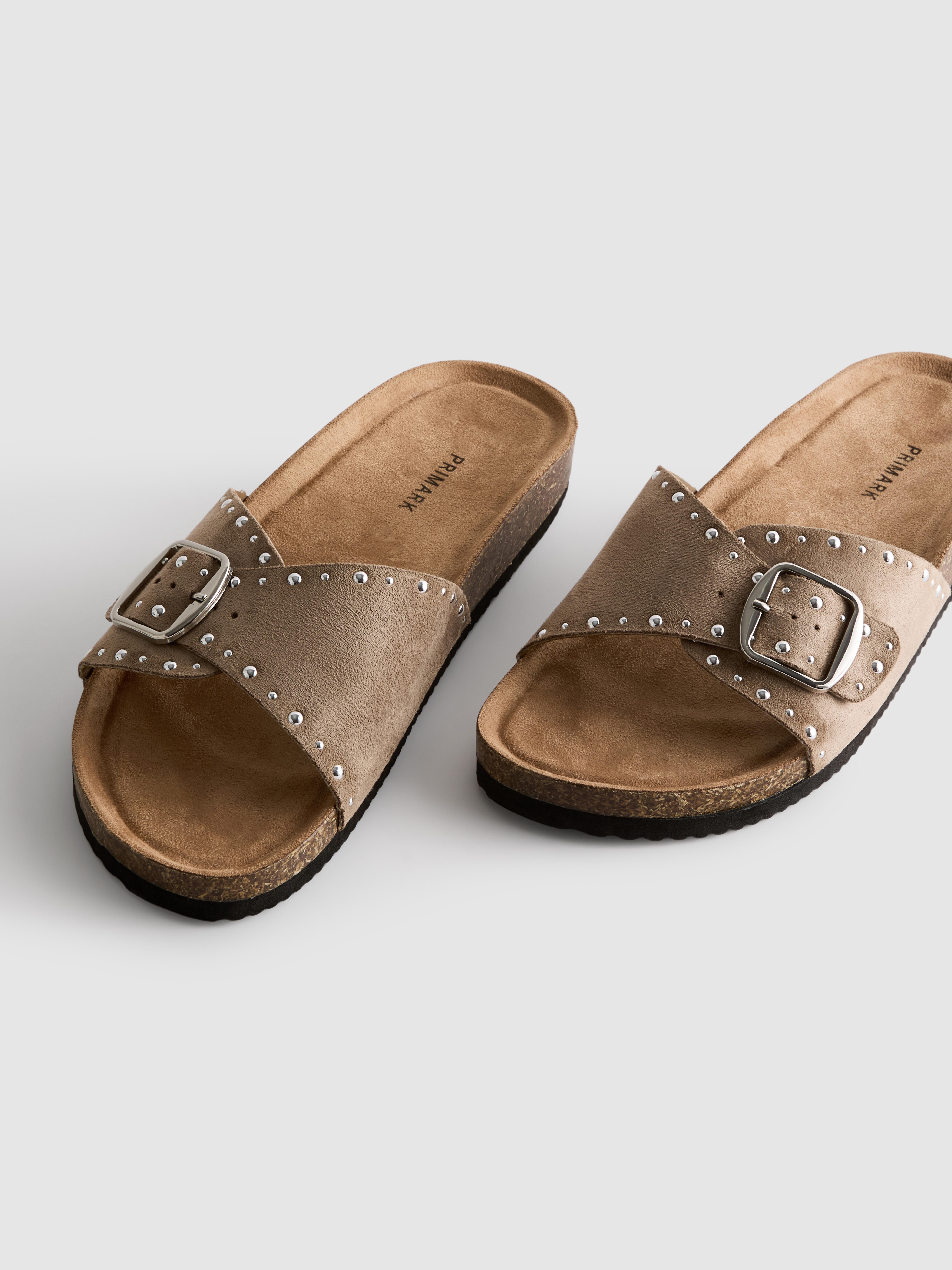 Women's Taupe Studded Single-Strap Footbed Sandals