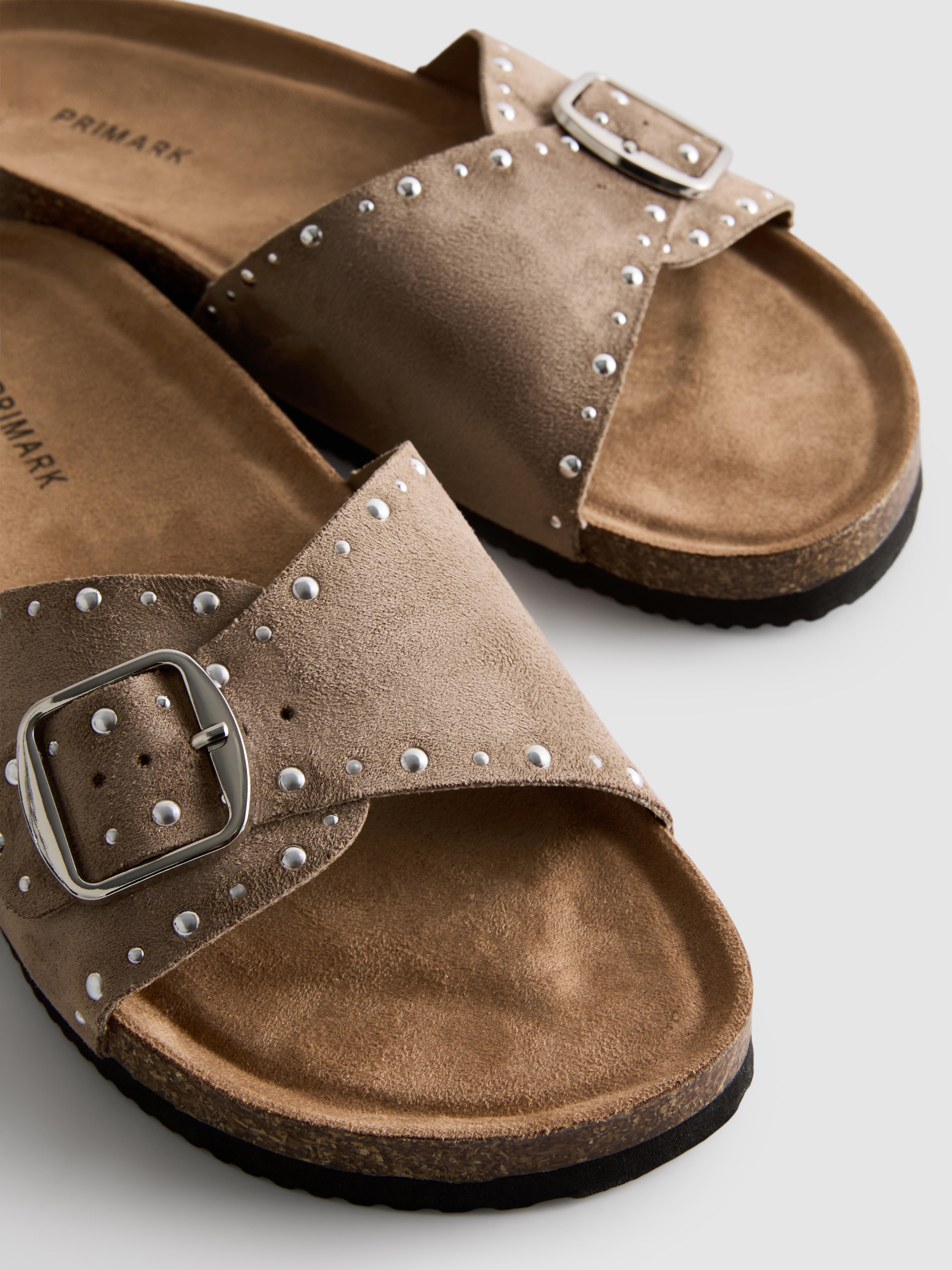 Women's Taupe Studded Single-Strap Footbed Sandals