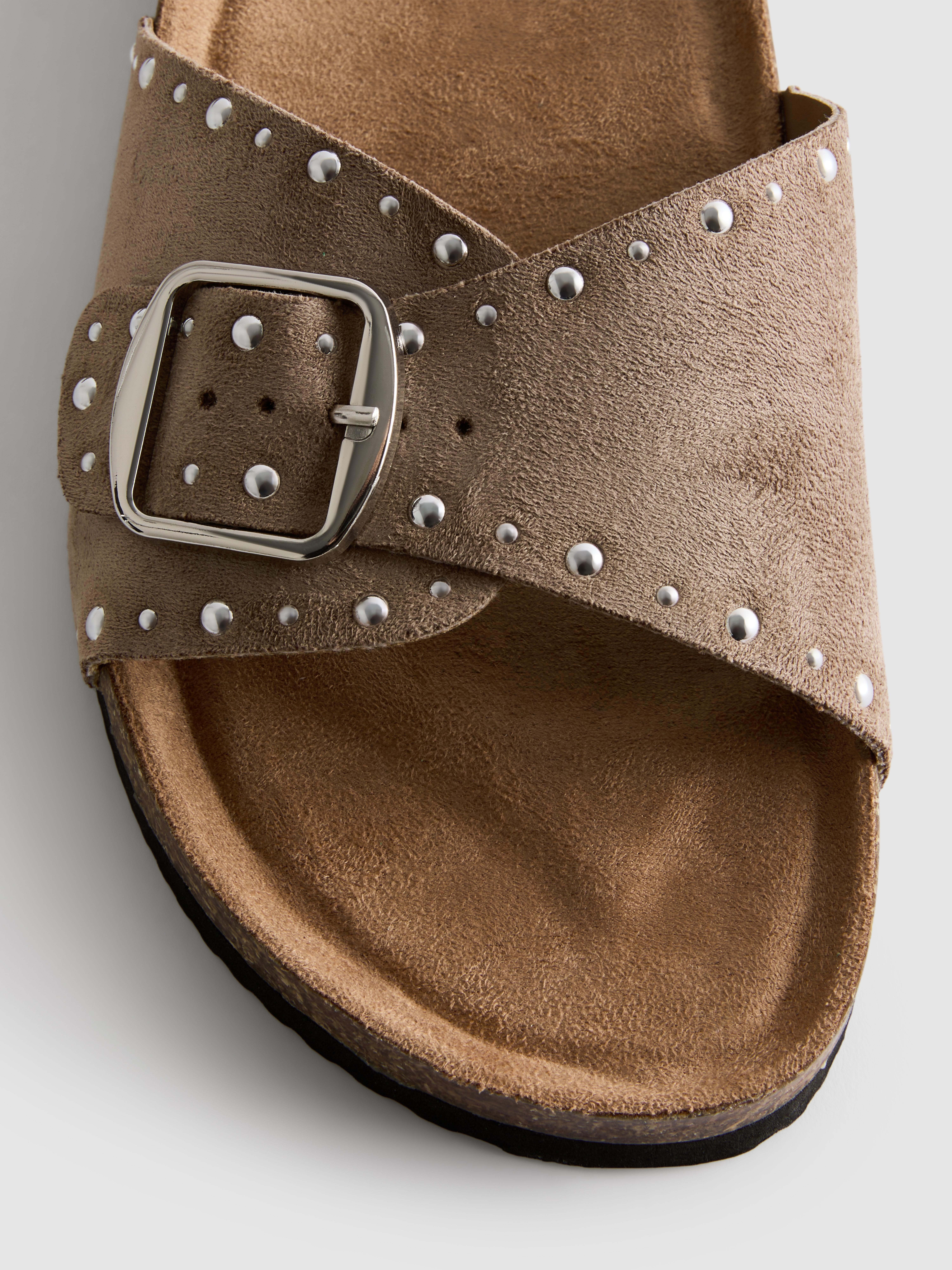 Women's Taupe Studded Single-Strap Footbed Sandals