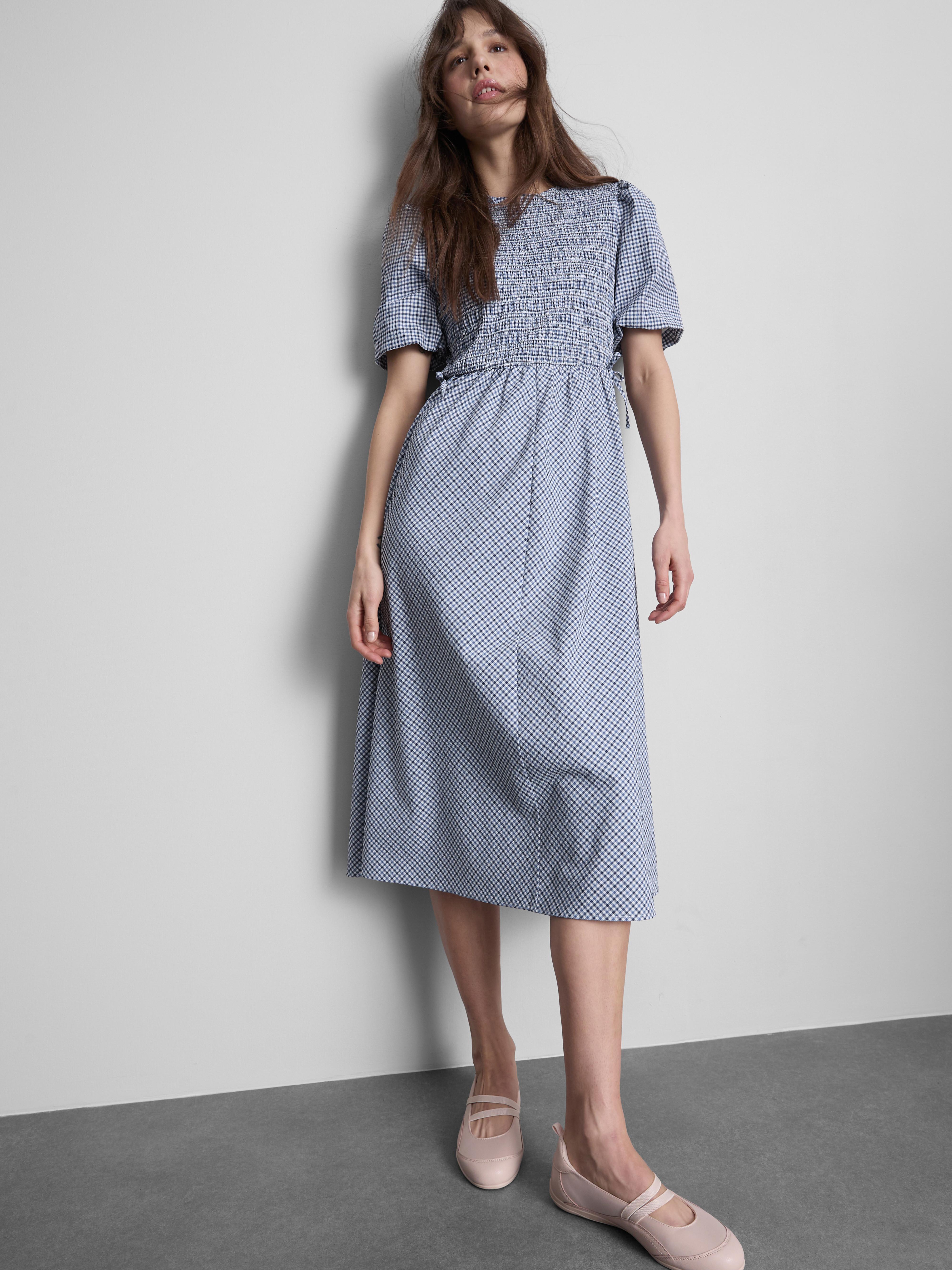 Shirred Seersucker Midi Dress