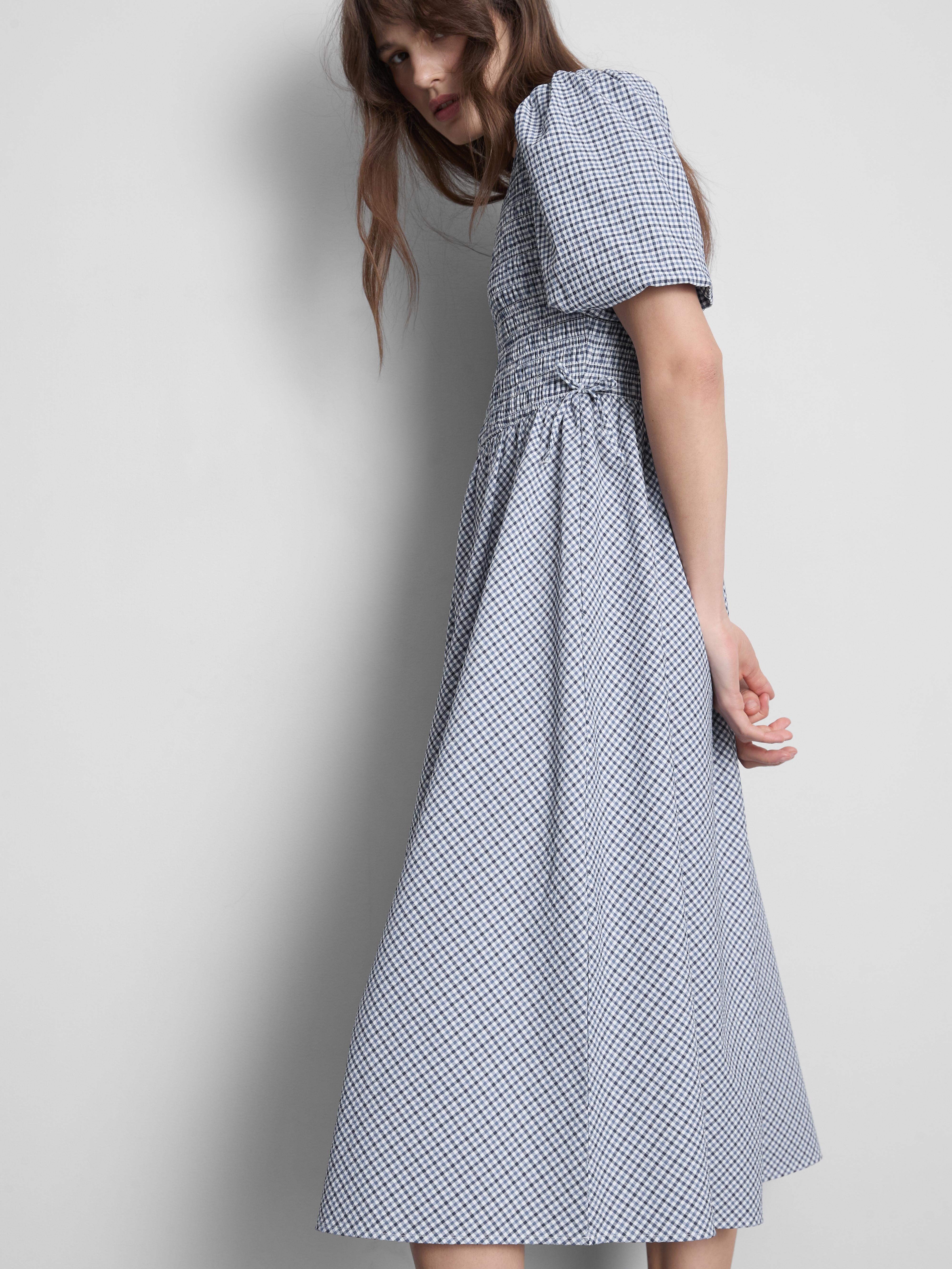 Seersucker midi-jurk met smokwerk