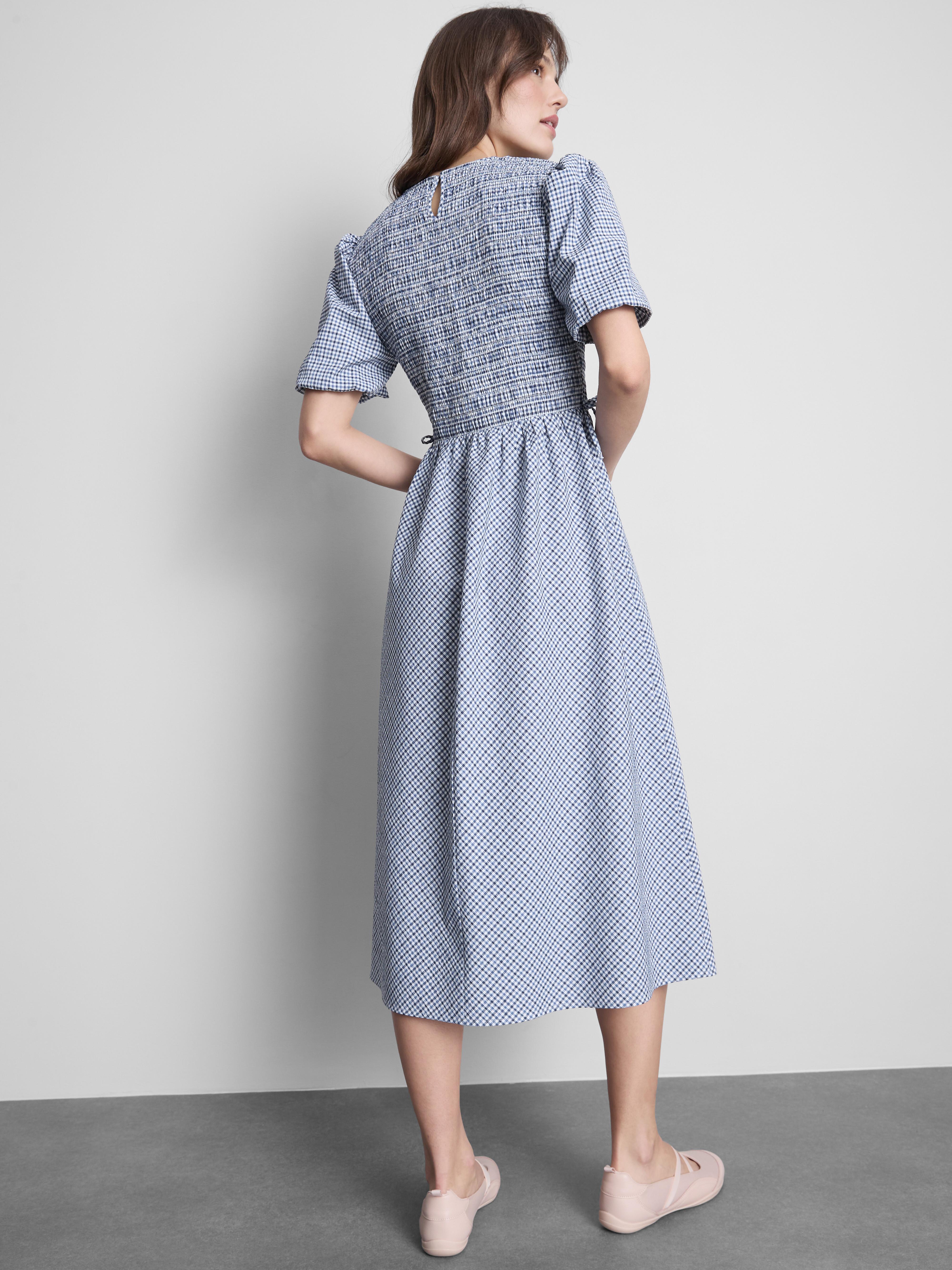 Seersucker midi-jurk met smokwerk