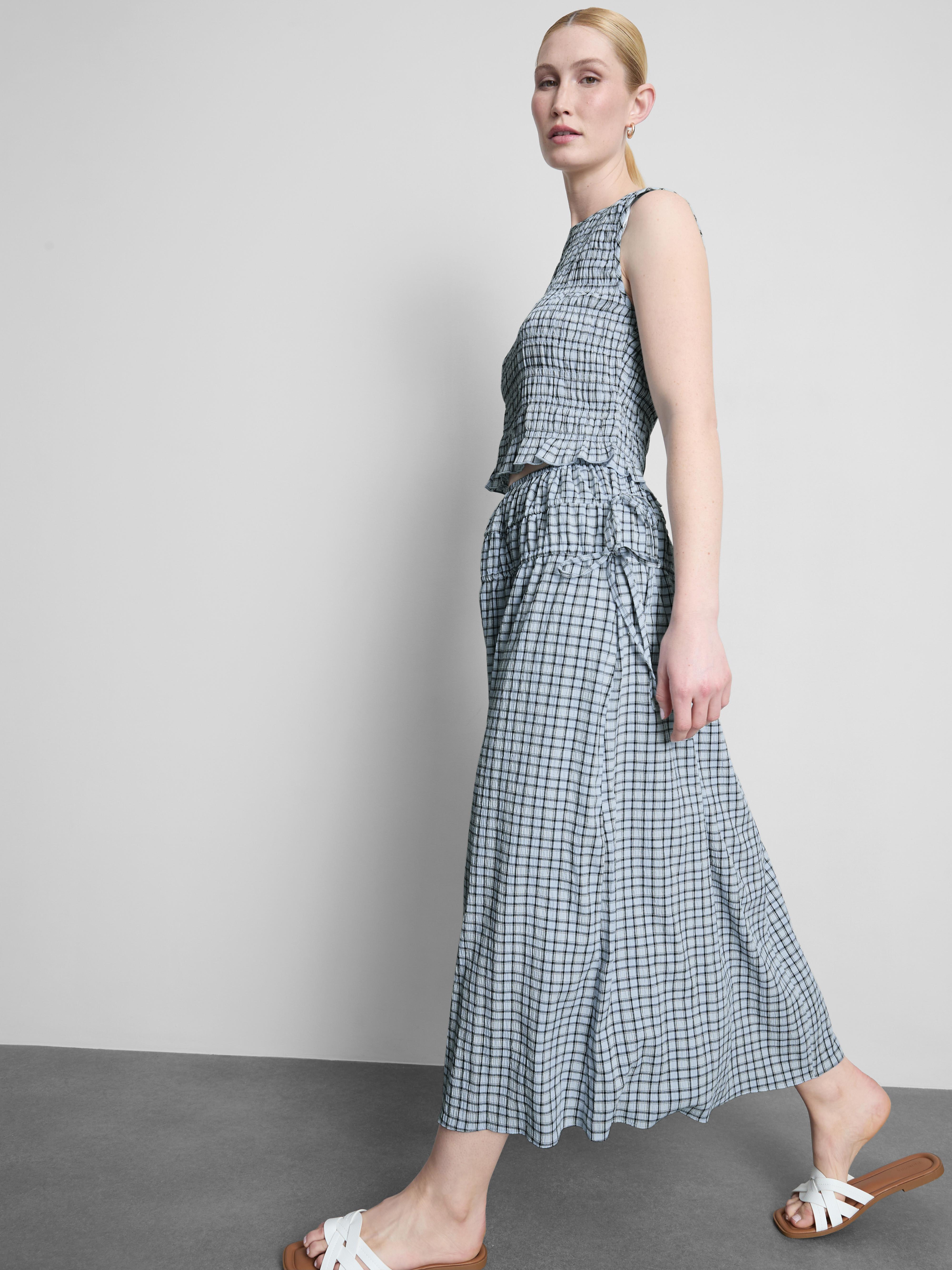 Gathered Check Midi Skirt