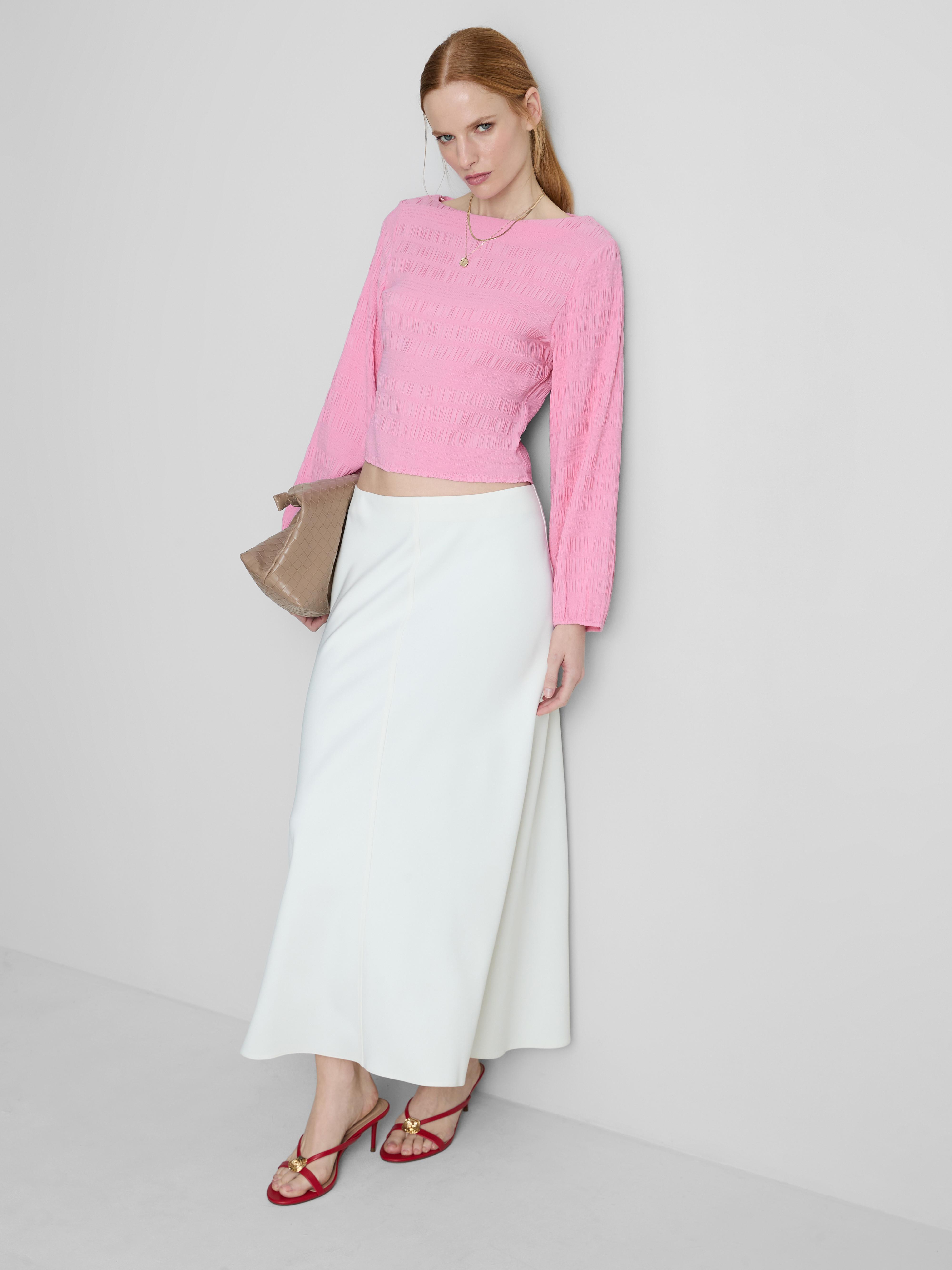 Gesmoktes Langarmtop mit U-Boot-Ausschnitt Hellrosa