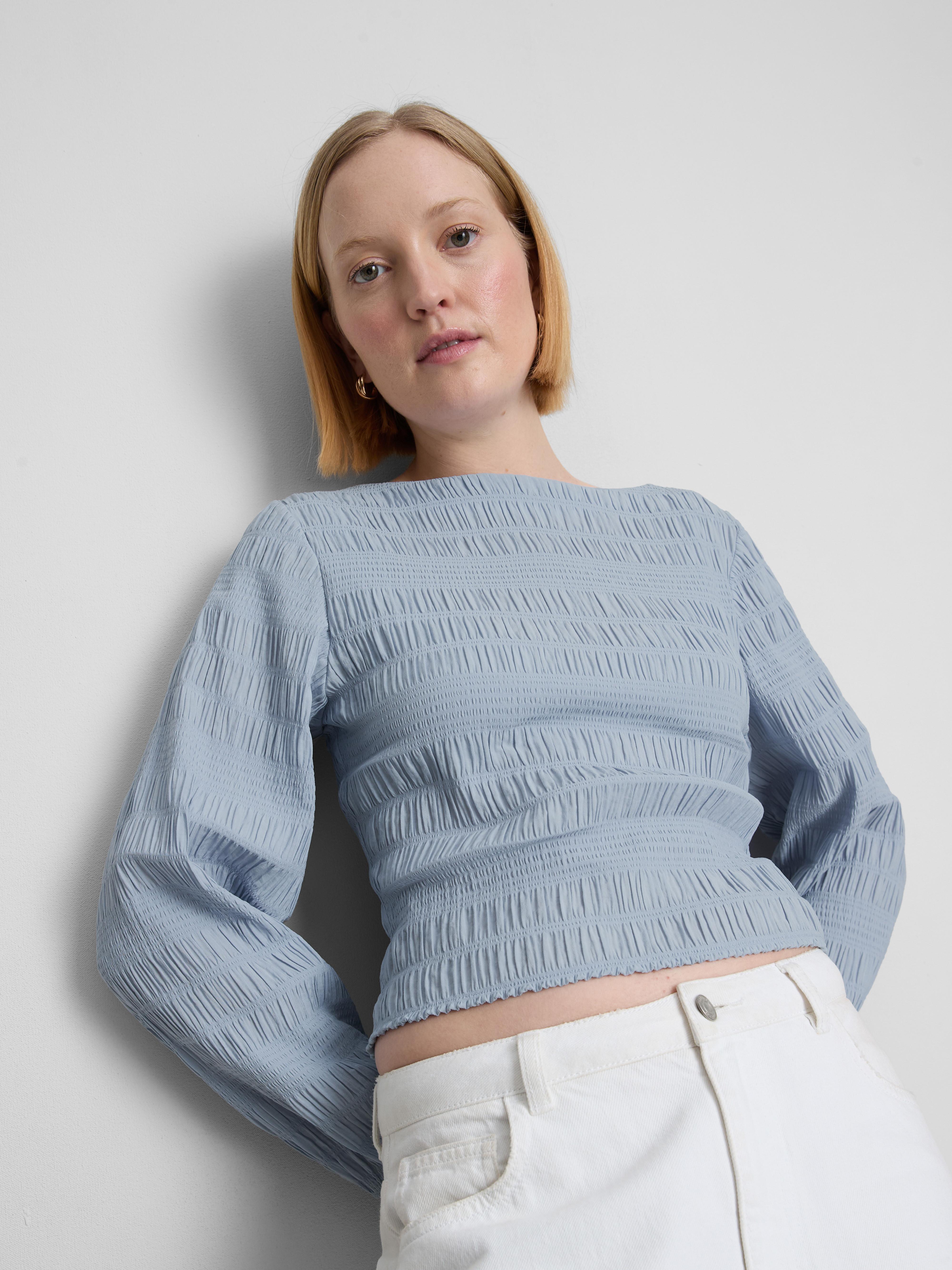 Shirred Boat Neck Long Sleeve Top