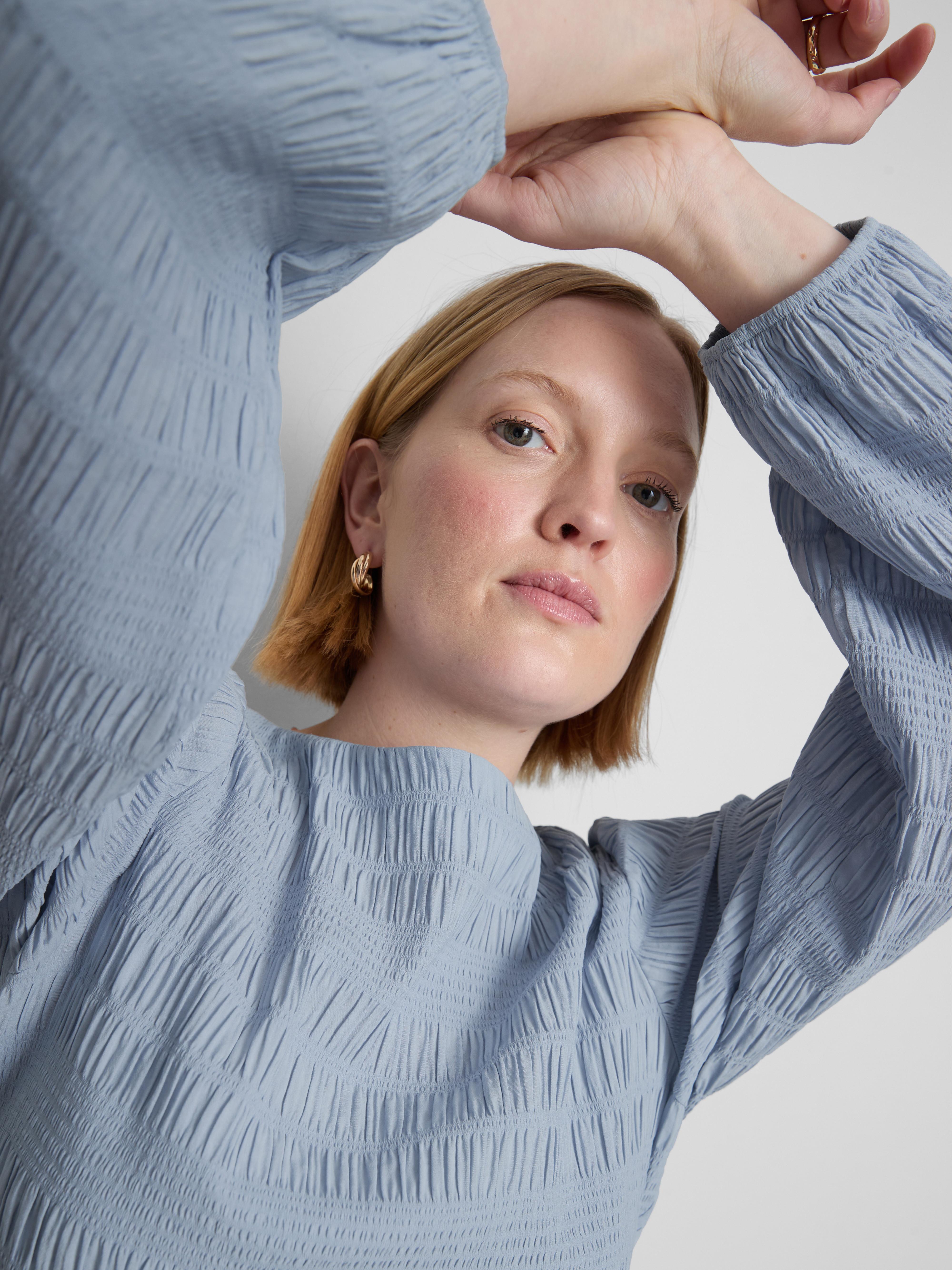Shirred Boat Neck Long Sleeve Top