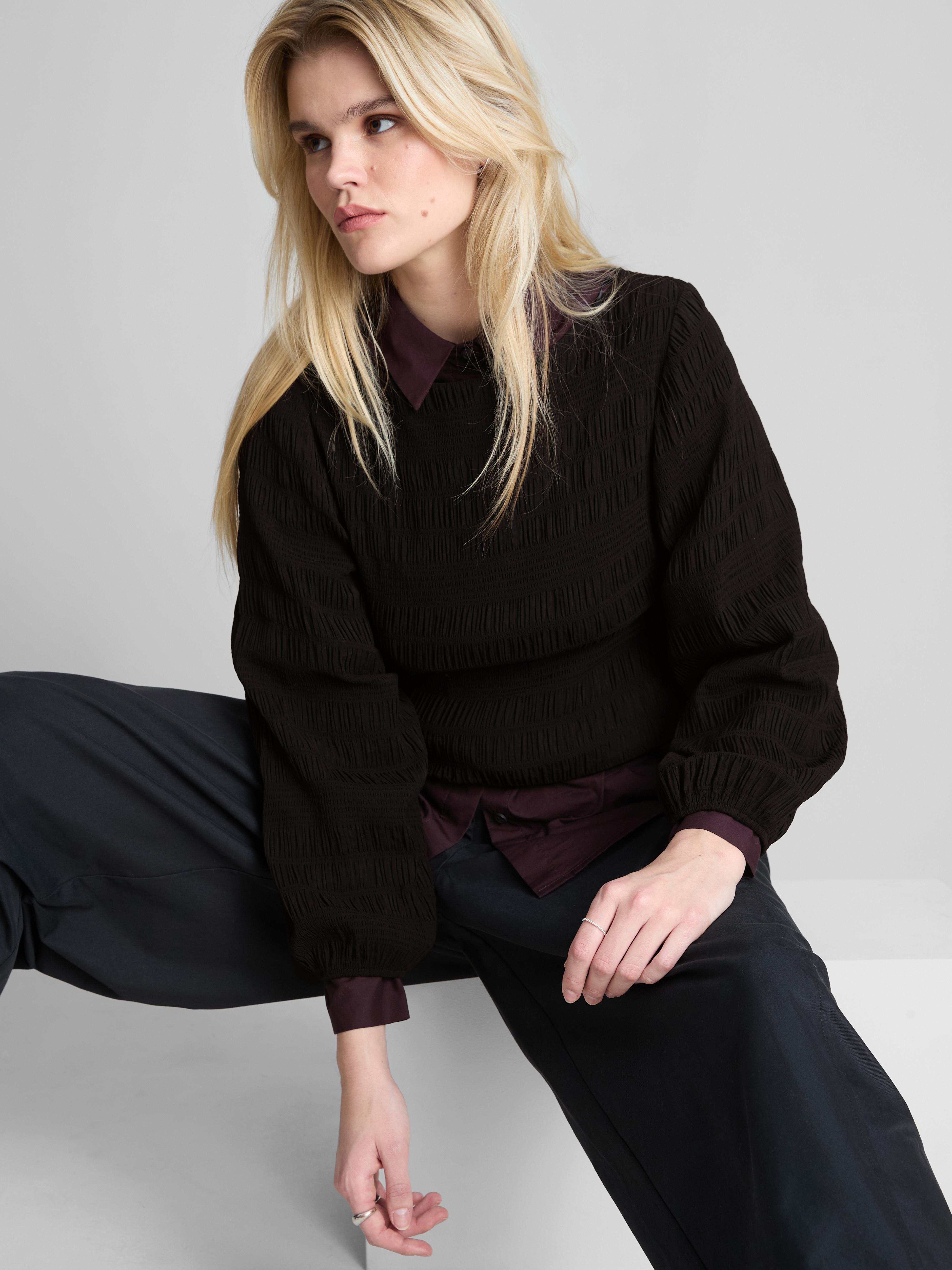 Shirred Boat Neck Long Sleeve Top