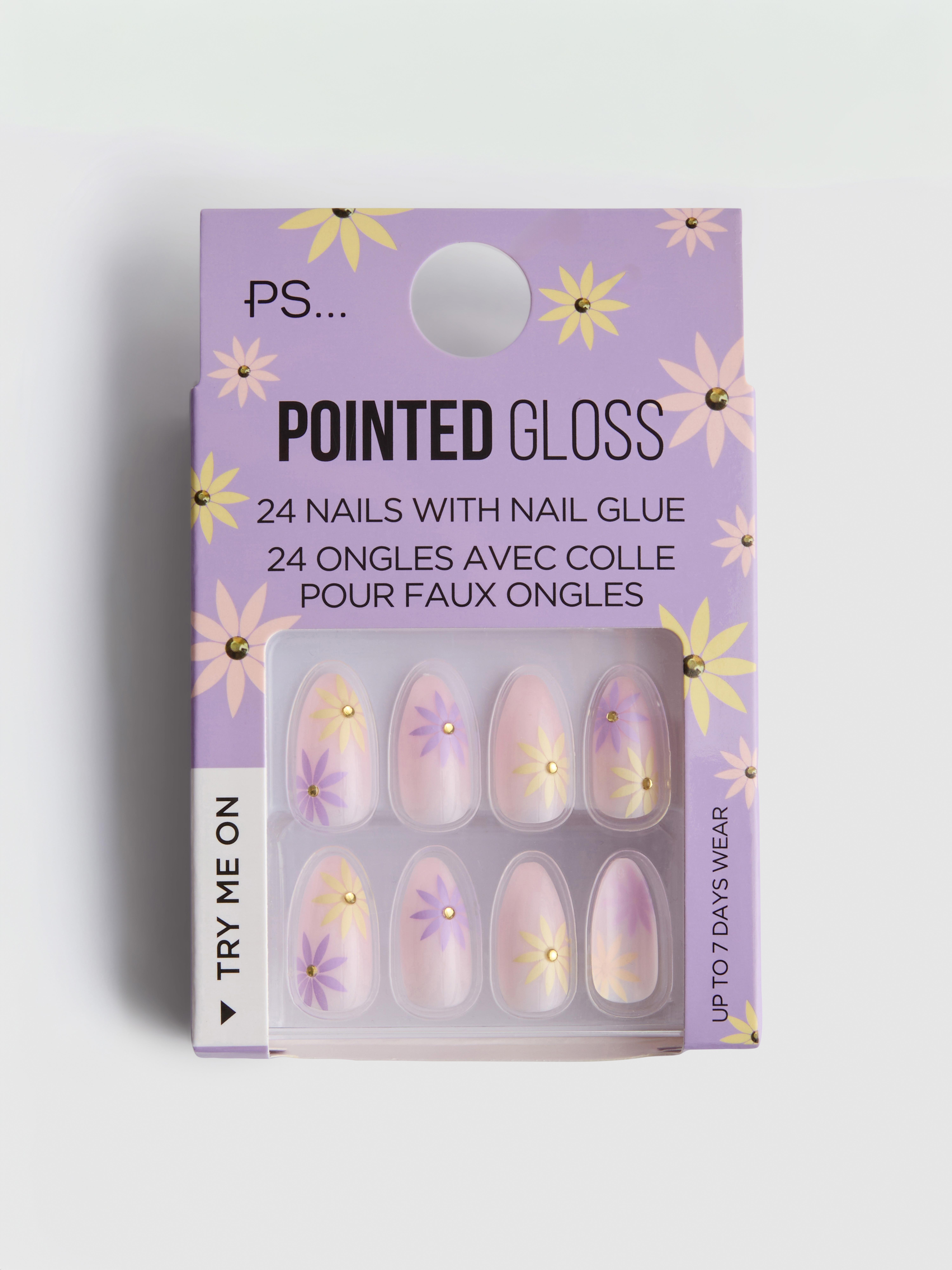 Lot de 24 faux ongles brillants à fleurs