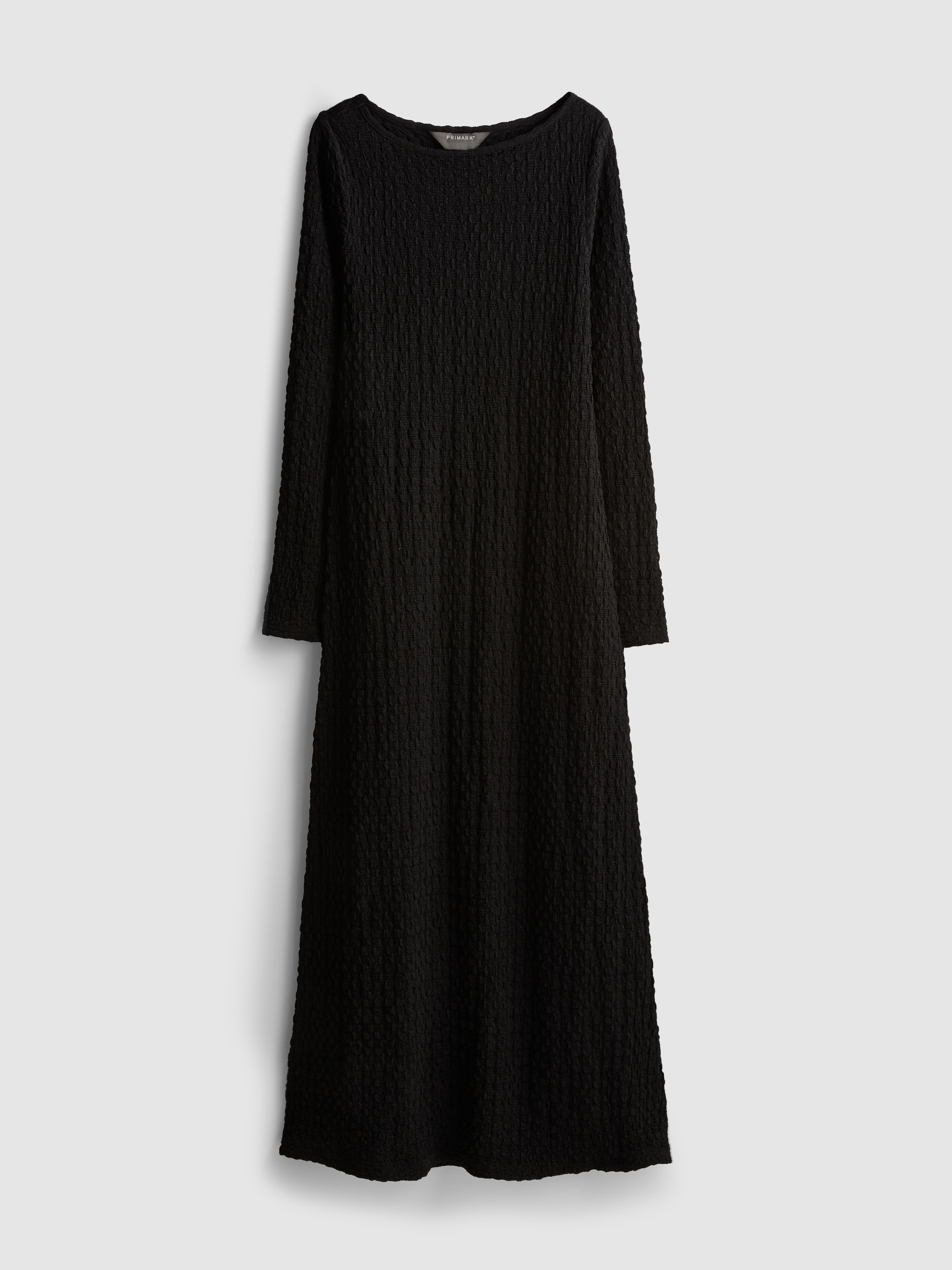 Women's Black Long-Sleeve Textured Midi Dress