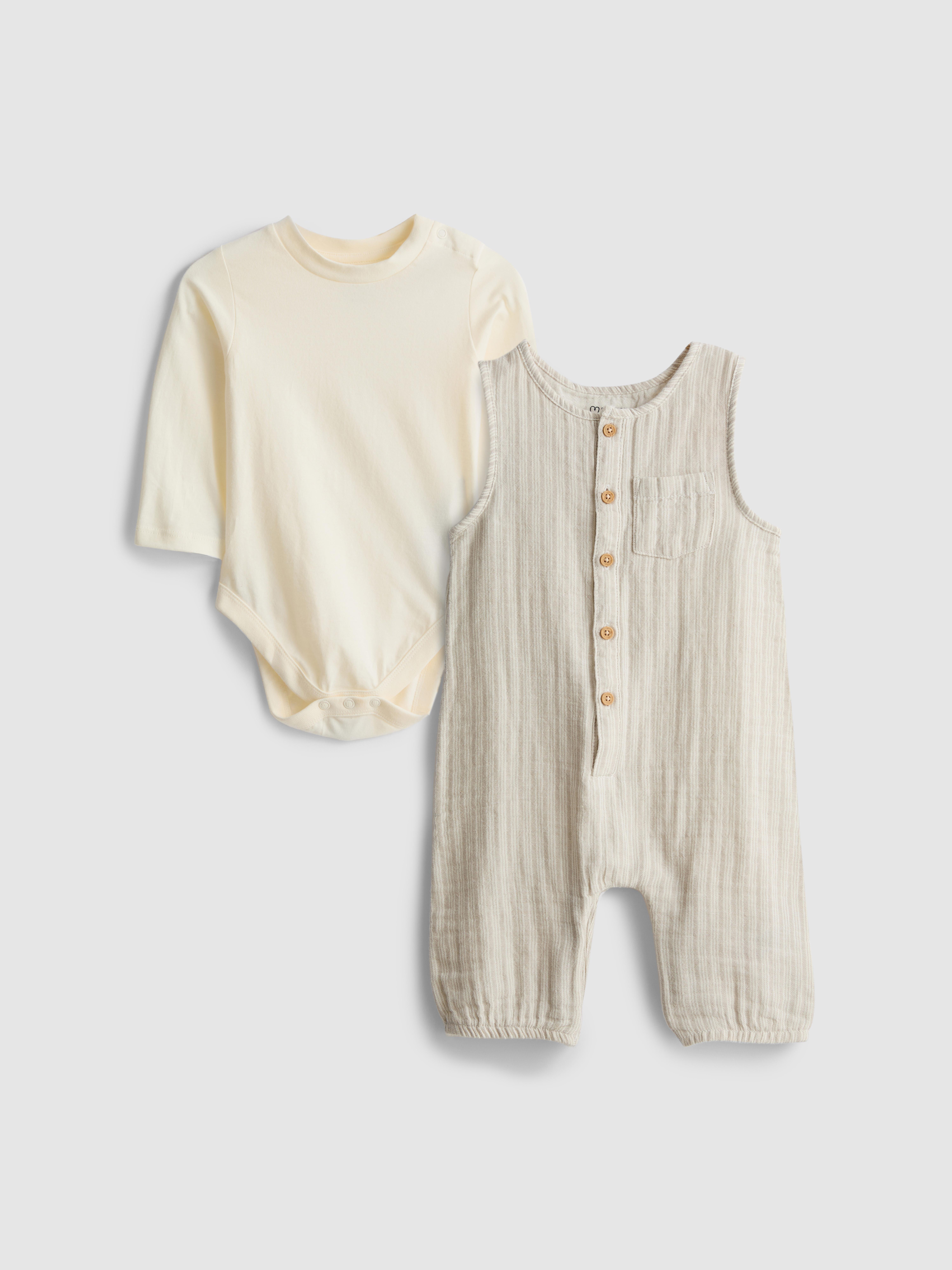 0–18 Monate | Langarmbody und gestreifte Latzhose für Neugeborene