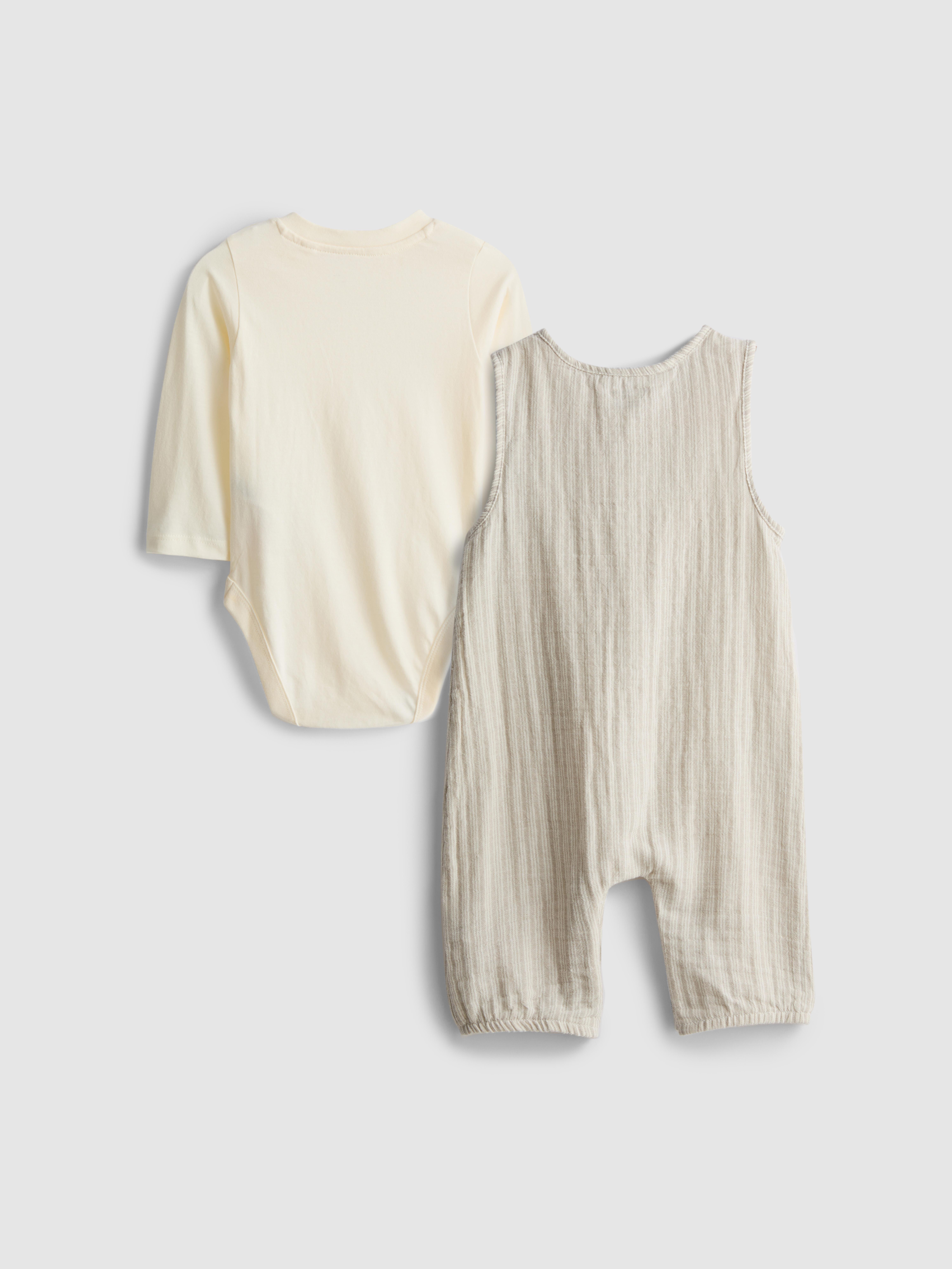 0-18mths | Long Sleeve Bodysuit and Stripe Dungarees Newborn Set