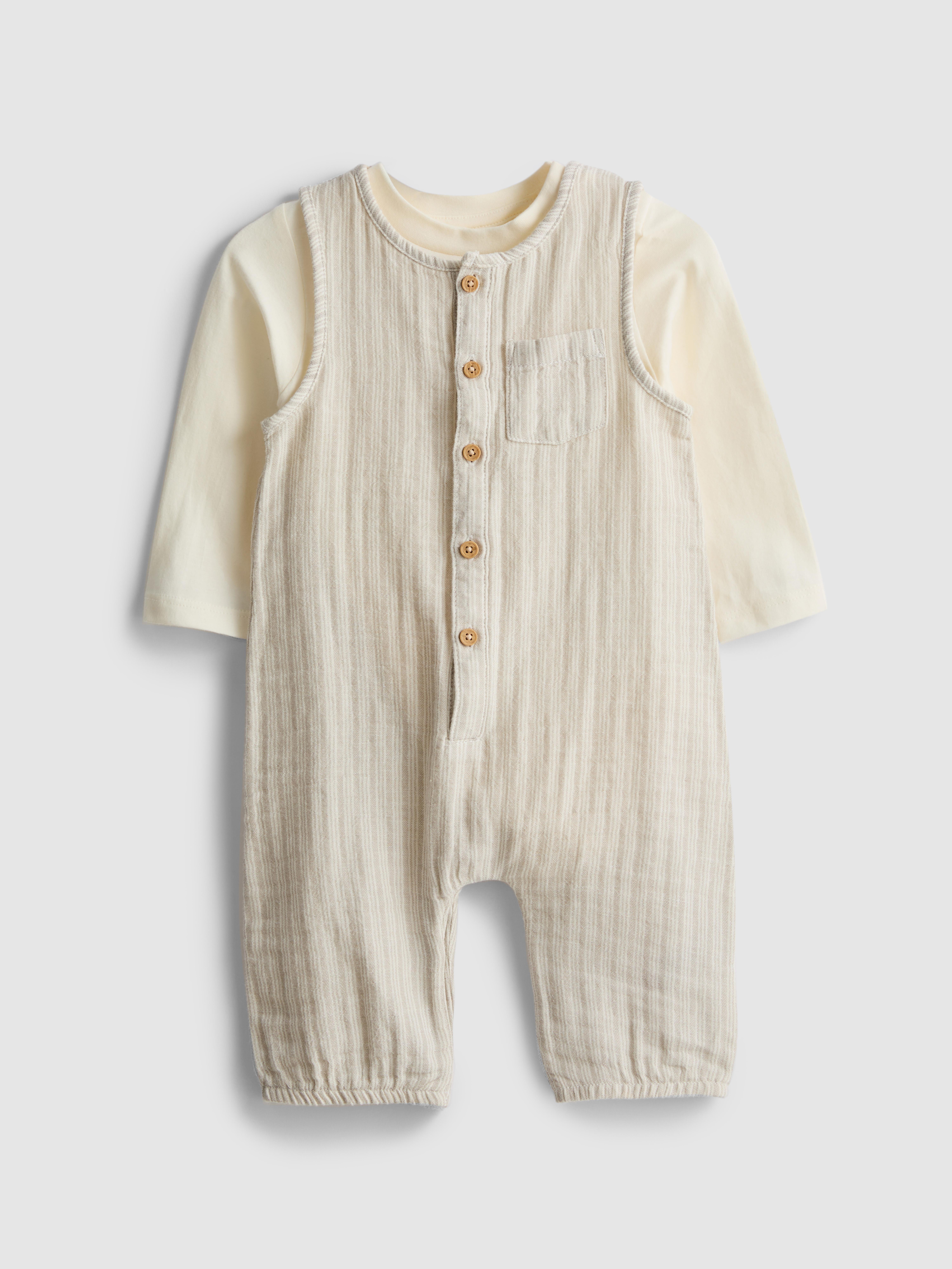0-18mths | Long Sleeve Bodysuit and Stripe Dungarees Newborn Set