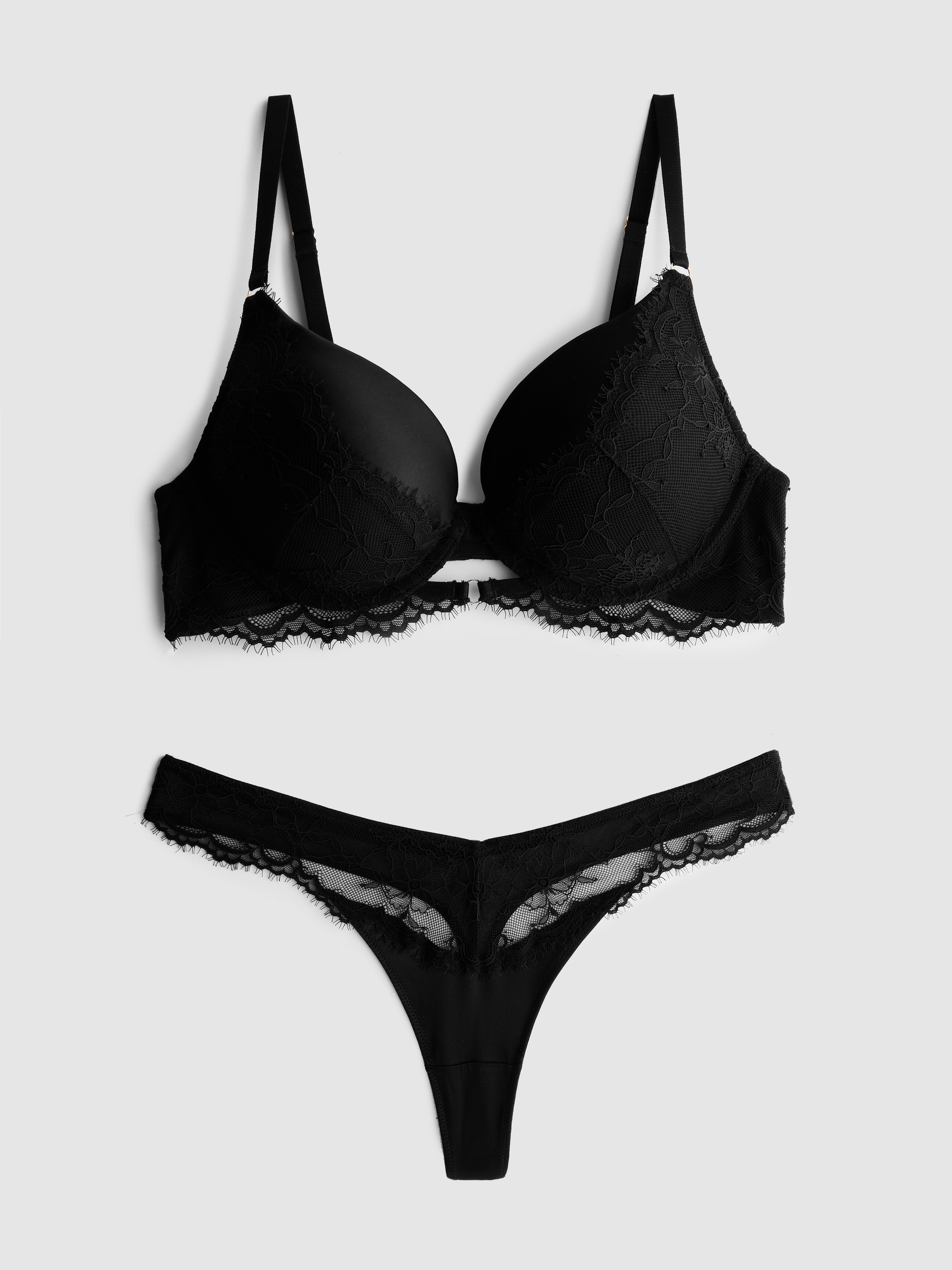 Padded Lace Plunge Bra and Thong Set
