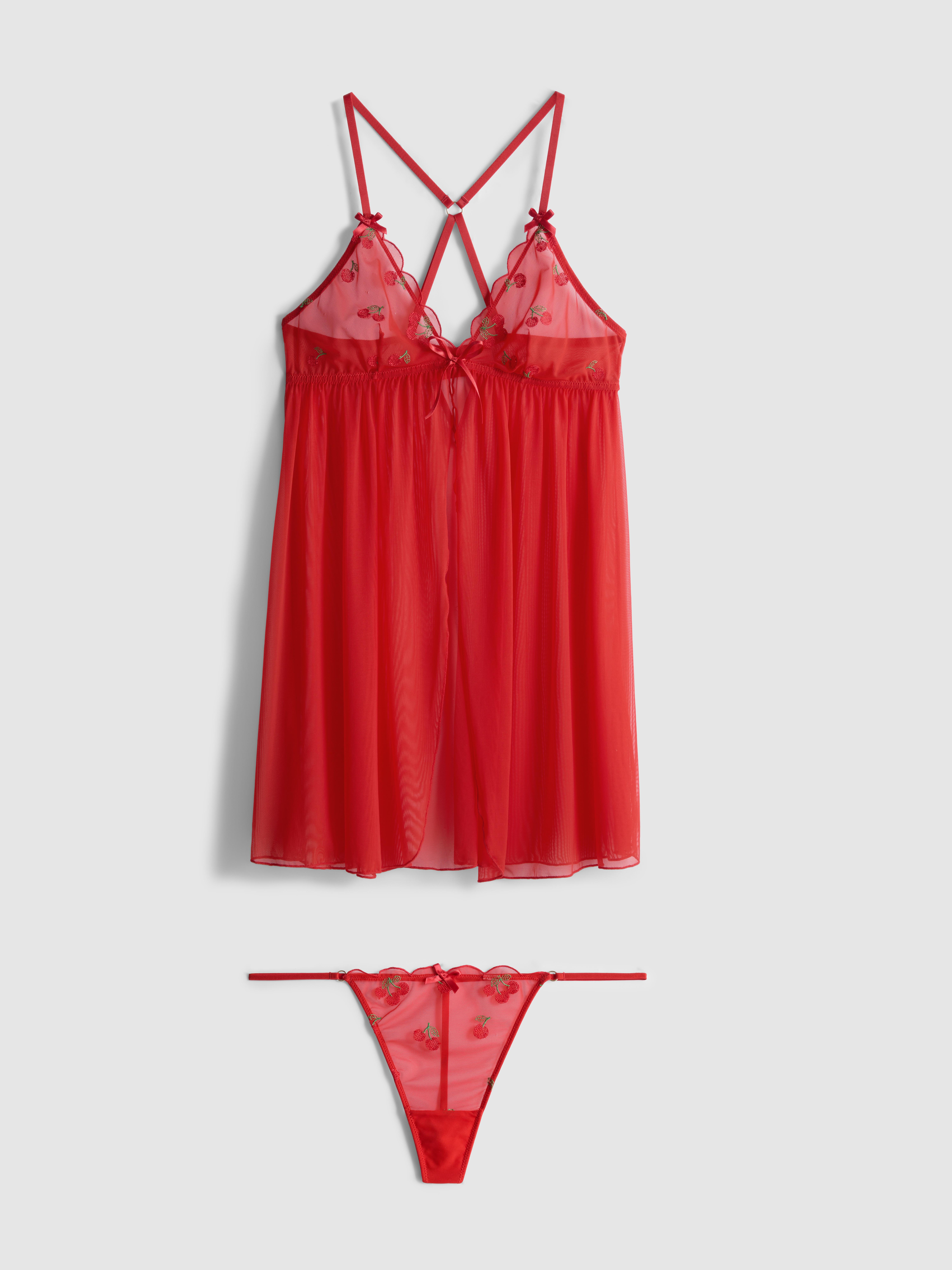 Embroidered Mesh Cherry Babydoll Set
