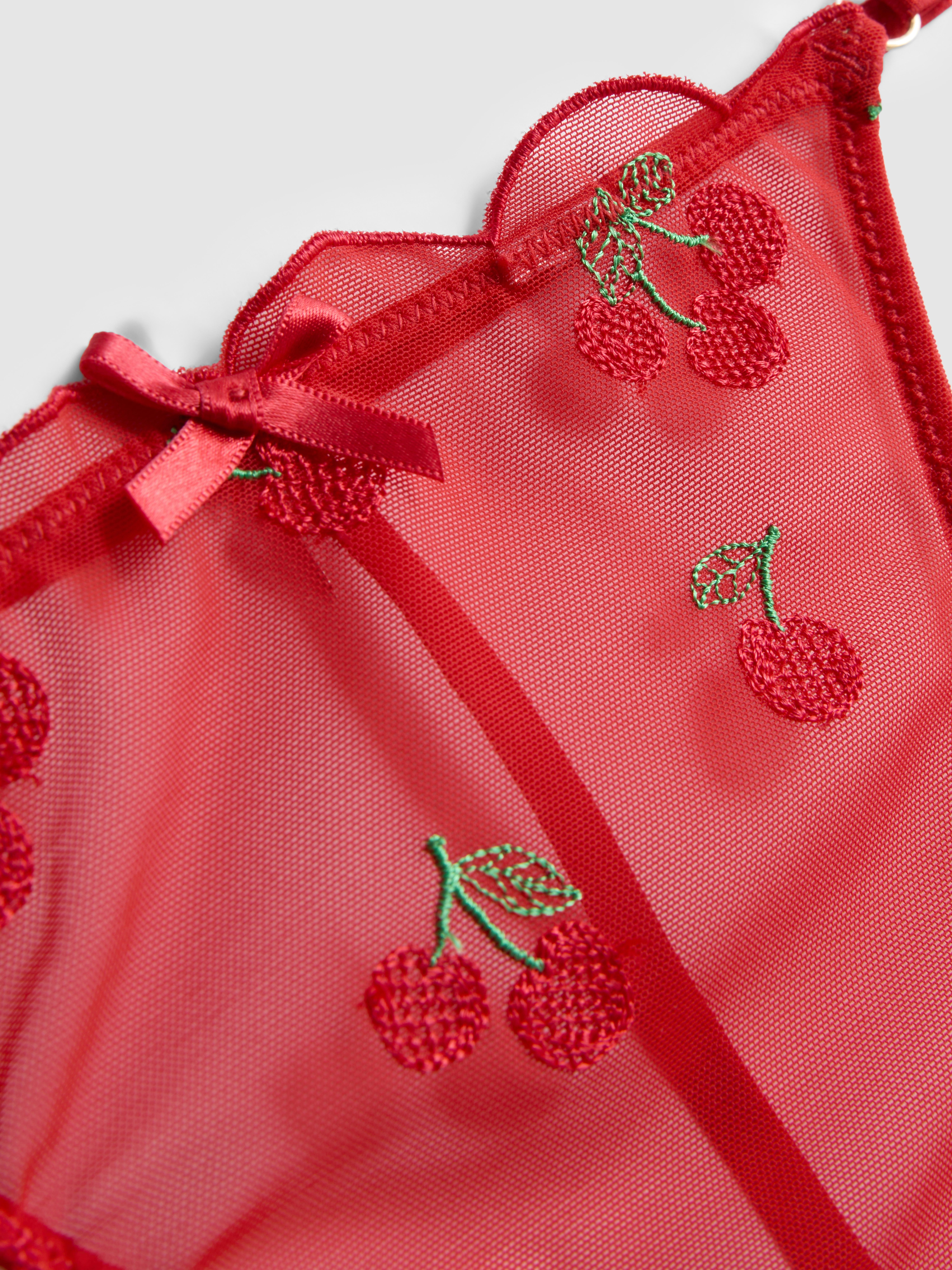 Embroidered Mesh Cherry Babydoll Set