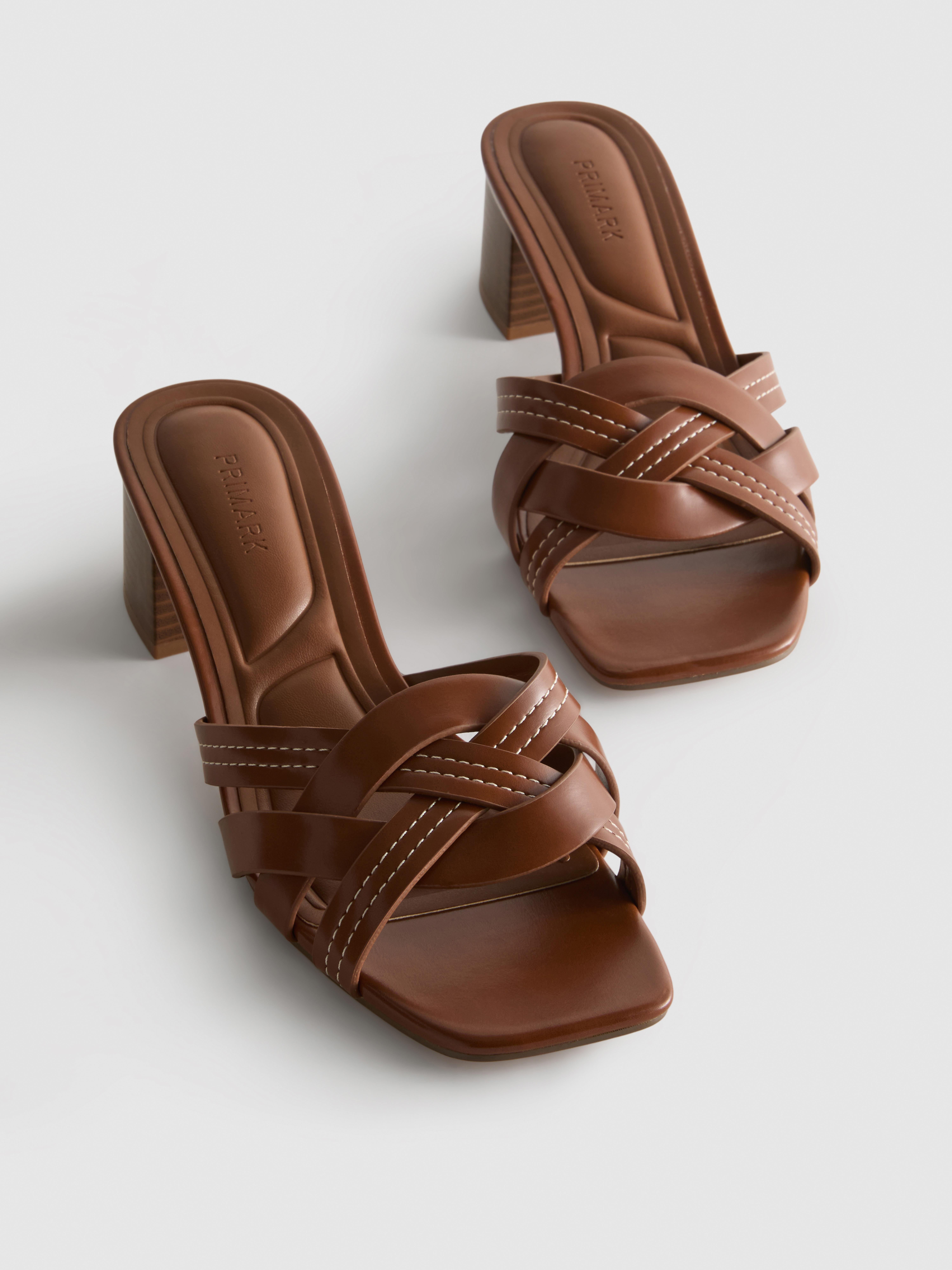 Women's Tan Faux Leather Weave Block Heel Mules