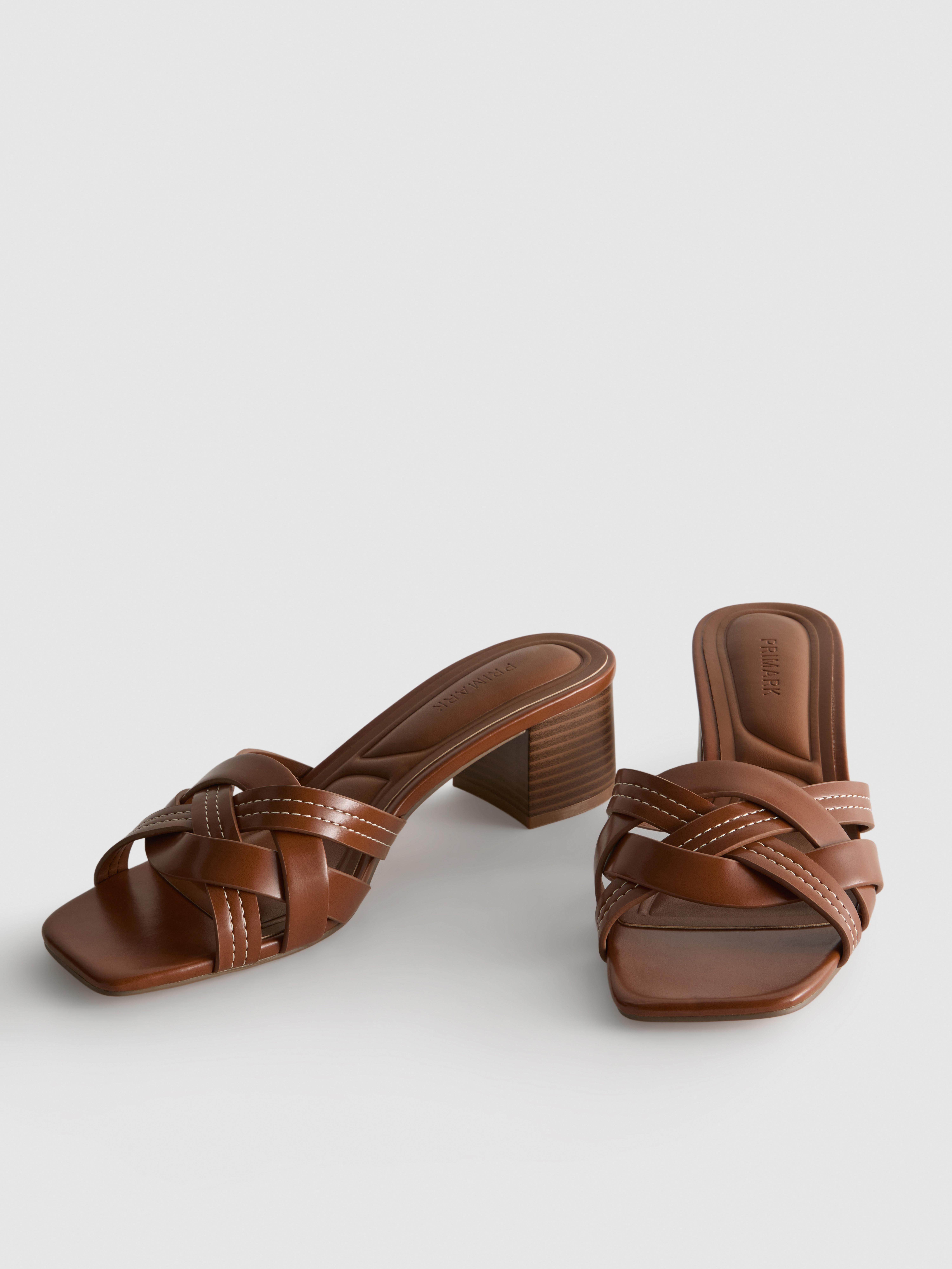 Women's Tan Faux Leather Weave Block Heel Mules