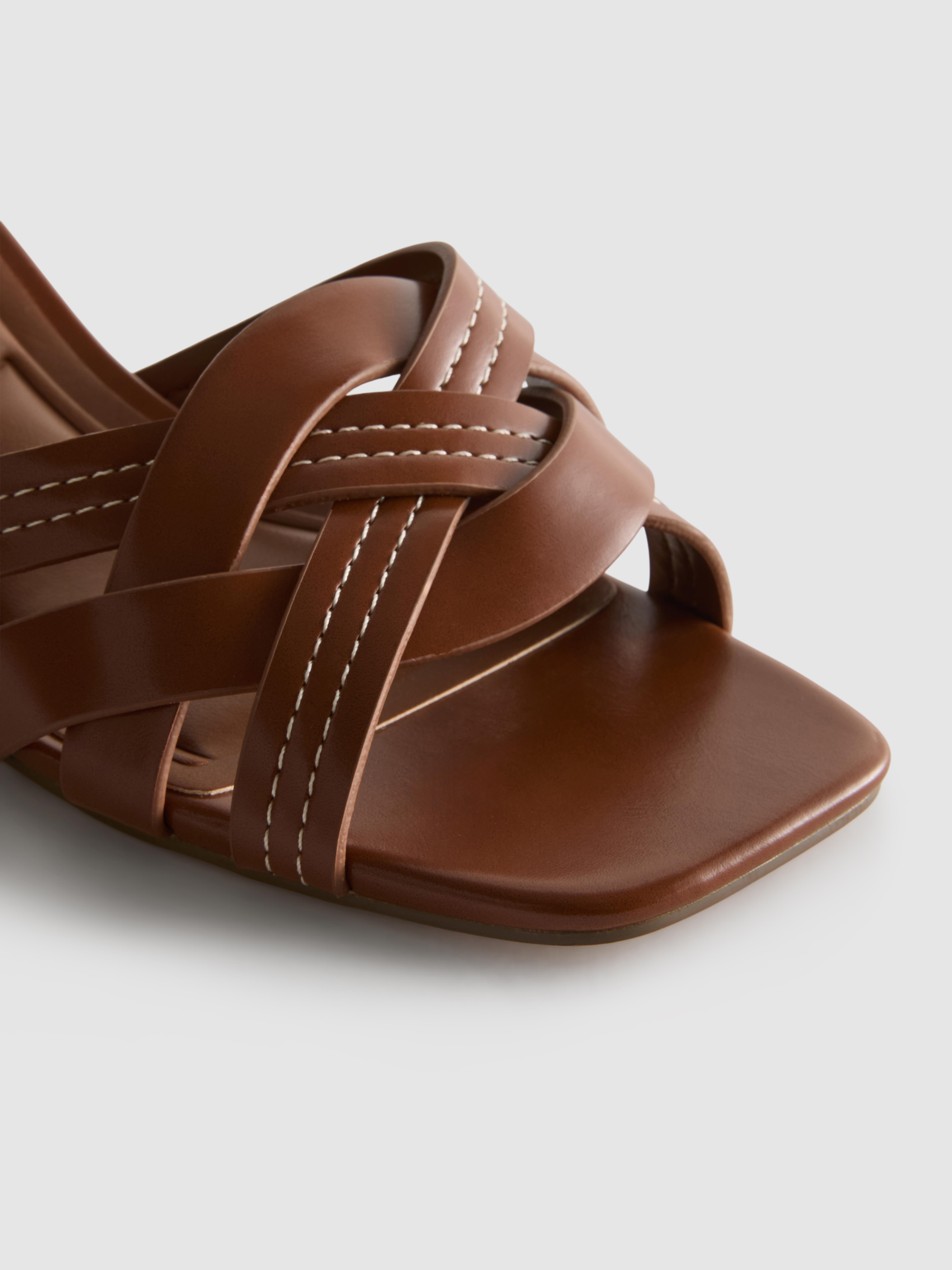 Women's Tan Faux Leather Weave Block Heel Mules