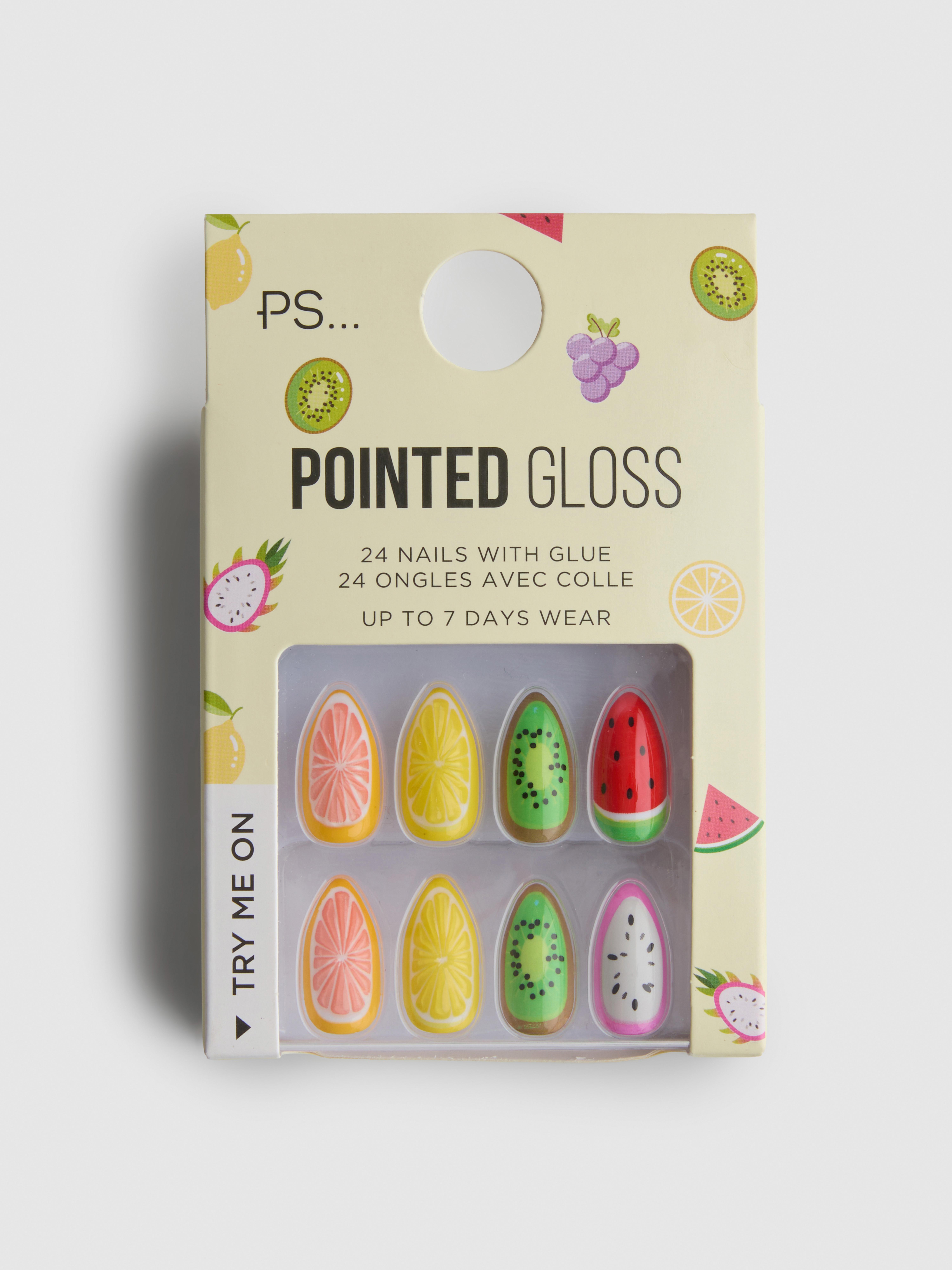 PS... Puntige glanzende kunstnagels met fruitprint
