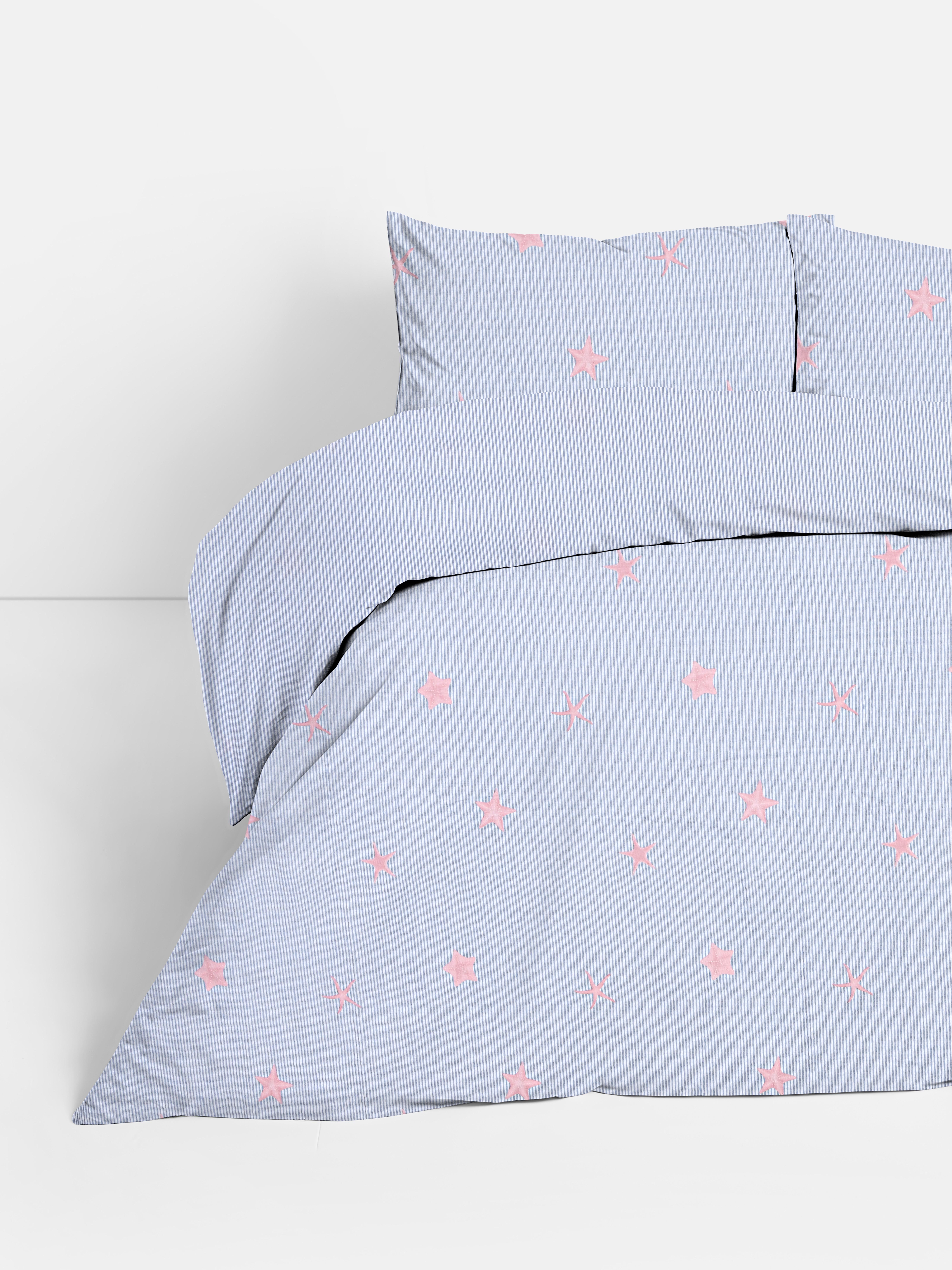 Seersucker-Bettwäscheset mit Streifen- und Seesternmuster, Doppelbett