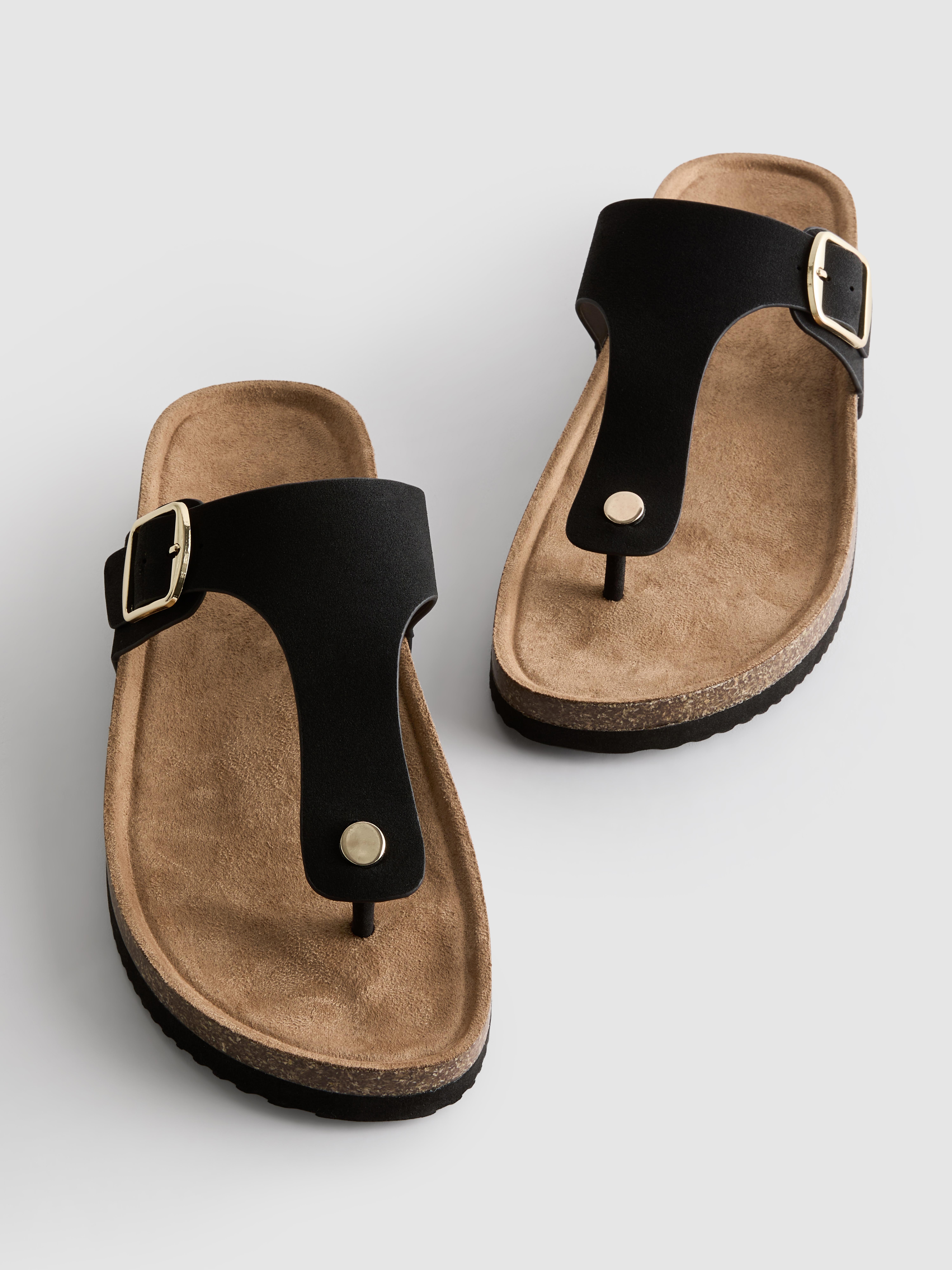 T-Bar Buckle Toe Post Sandals - Black