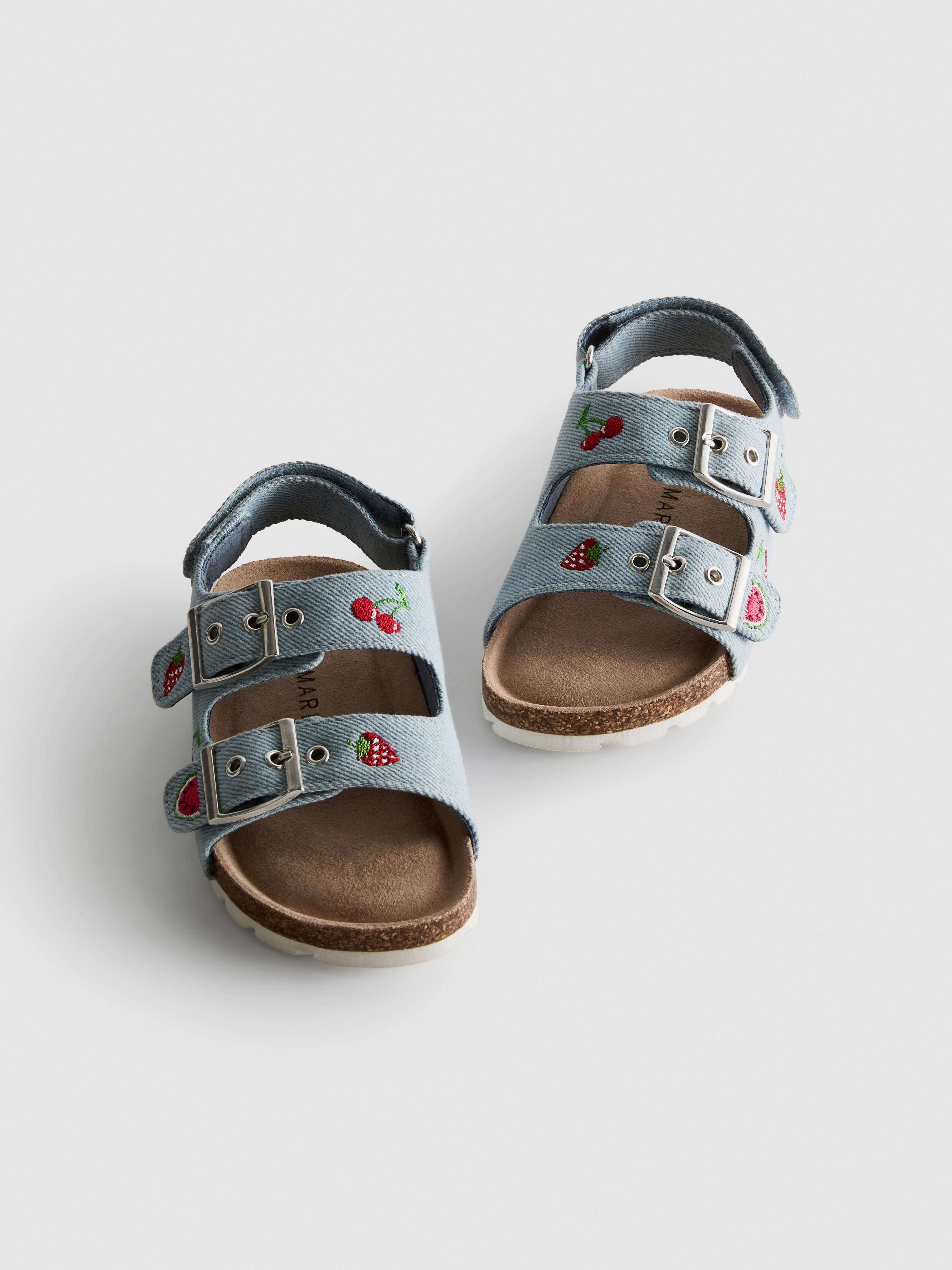 Embroidered Double Buckle Strap Denim Sandals