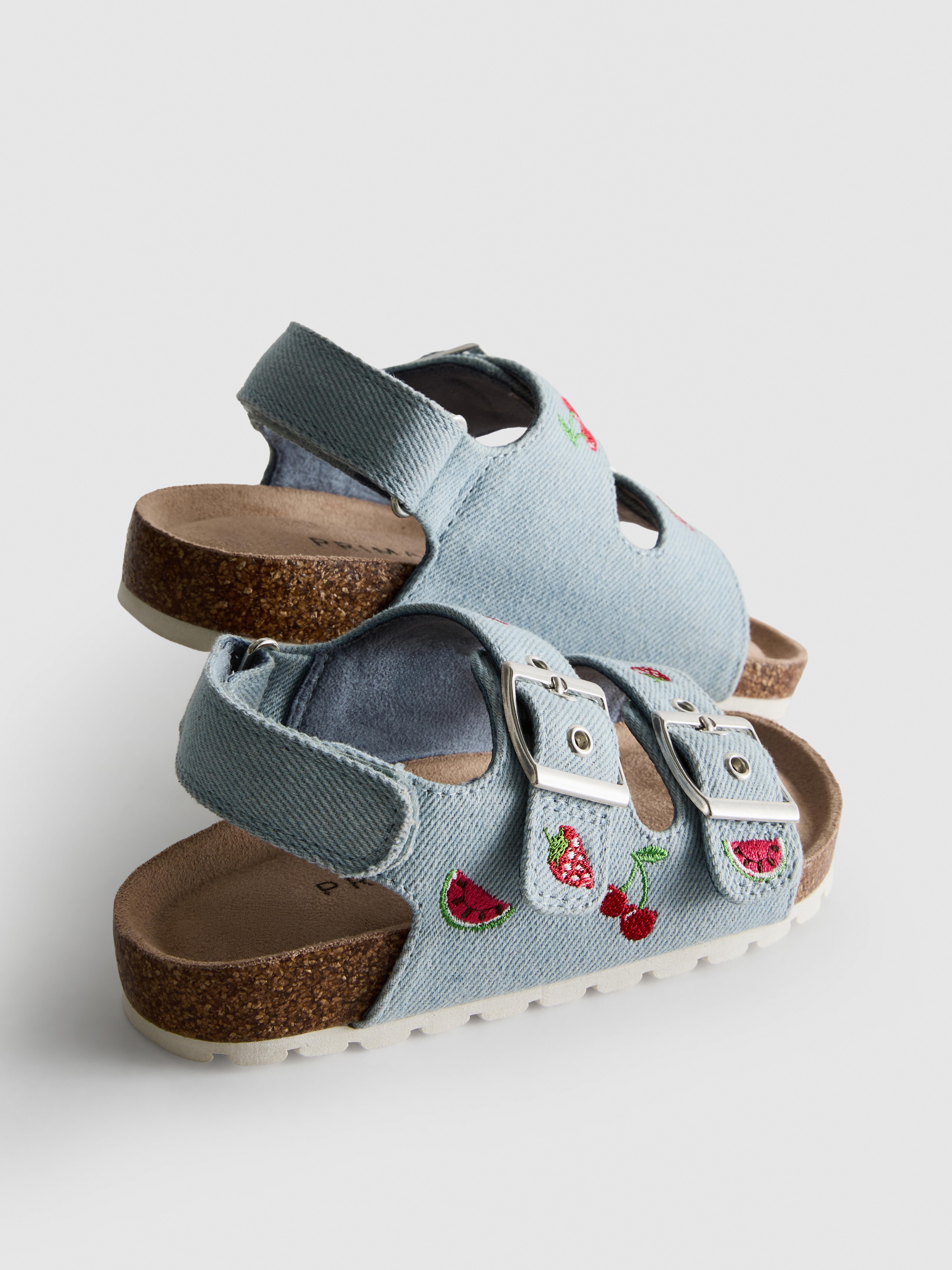 Embroidered Double Buckle Strap Denim Sandals
