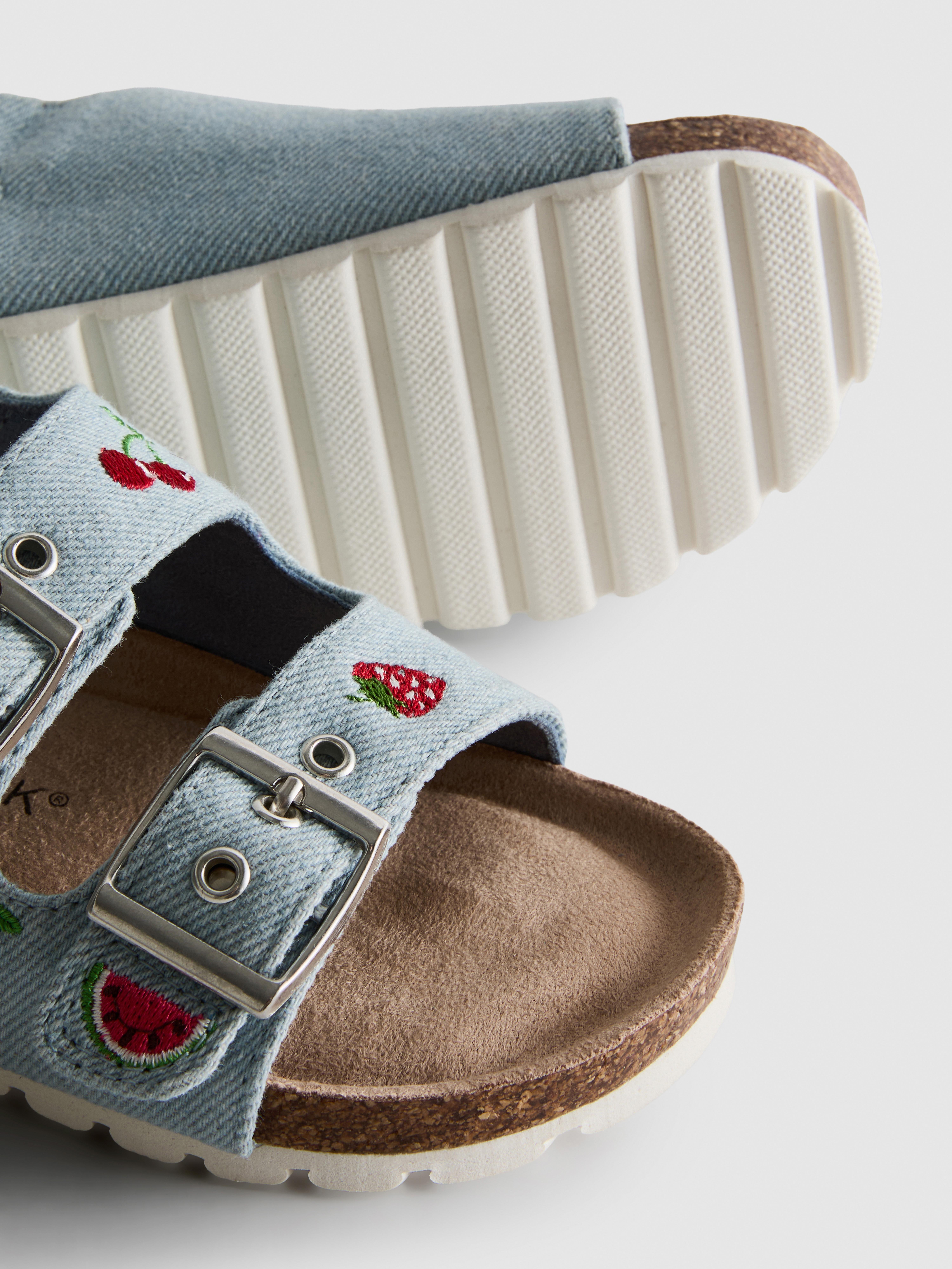 Embroidered Double Buckle Strap Denim Sandals