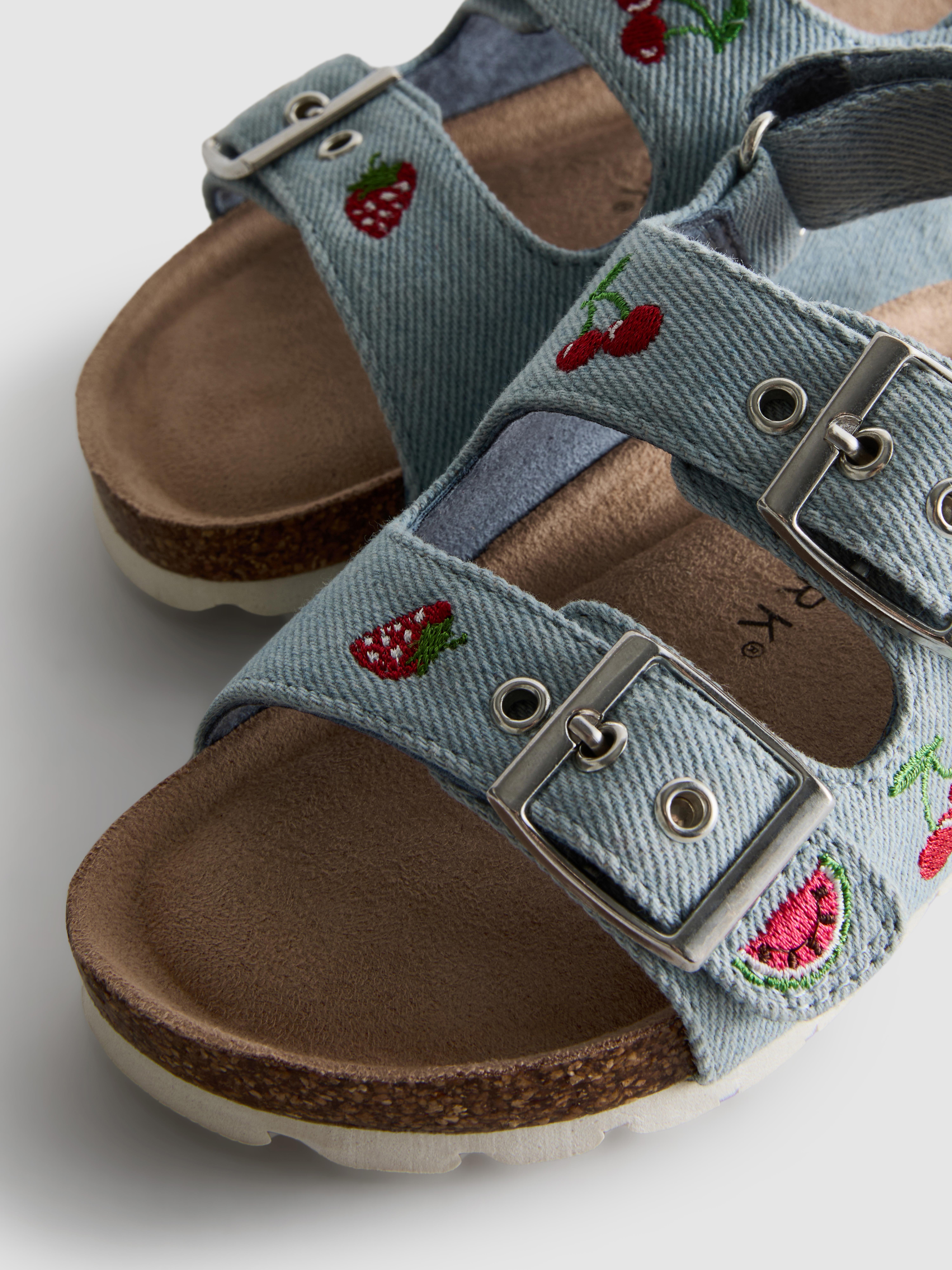 Embroidered Double Buckle Strap Denim Sandals