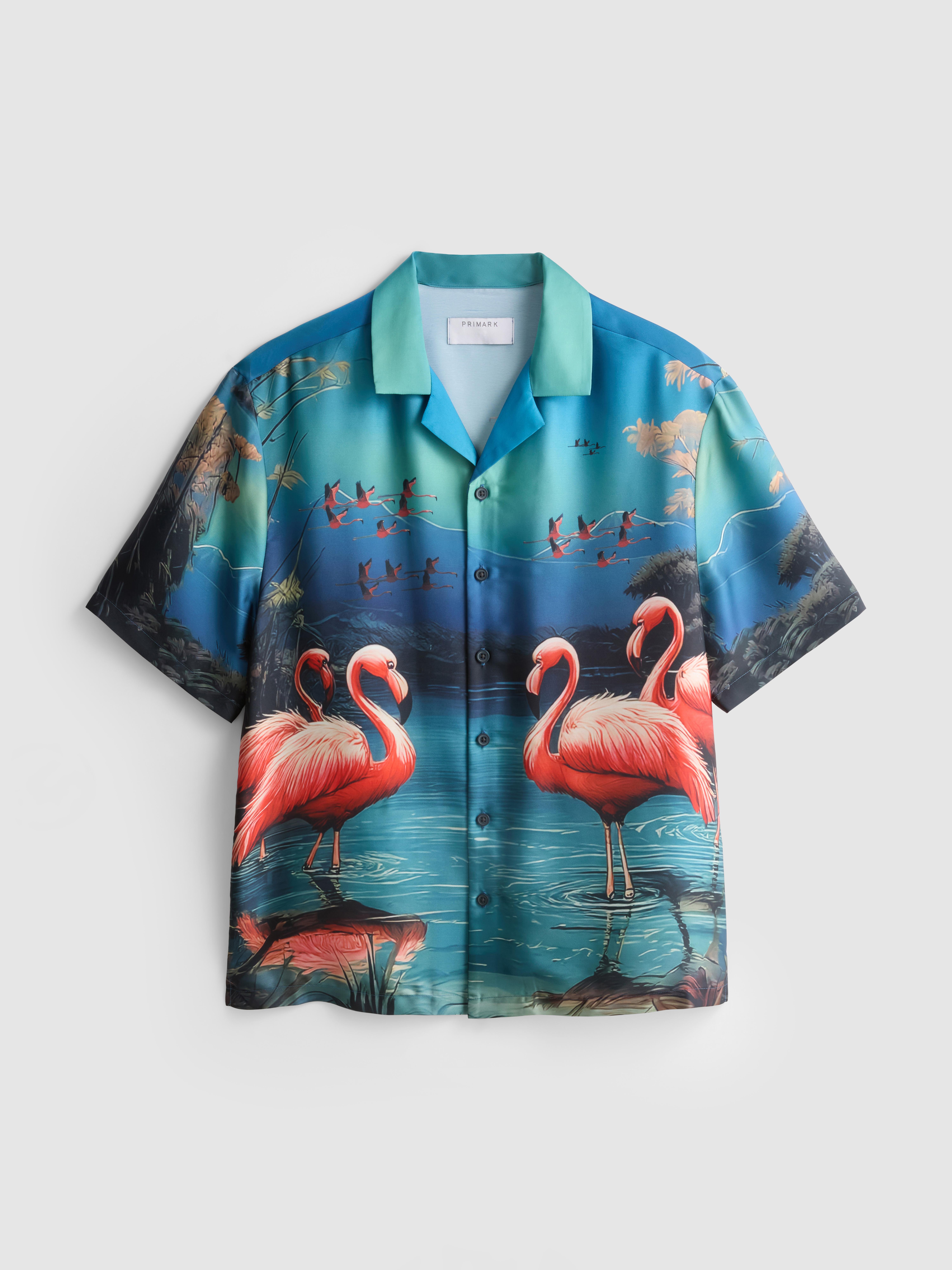 Camicia con colletto rever e stampa fenicotteri