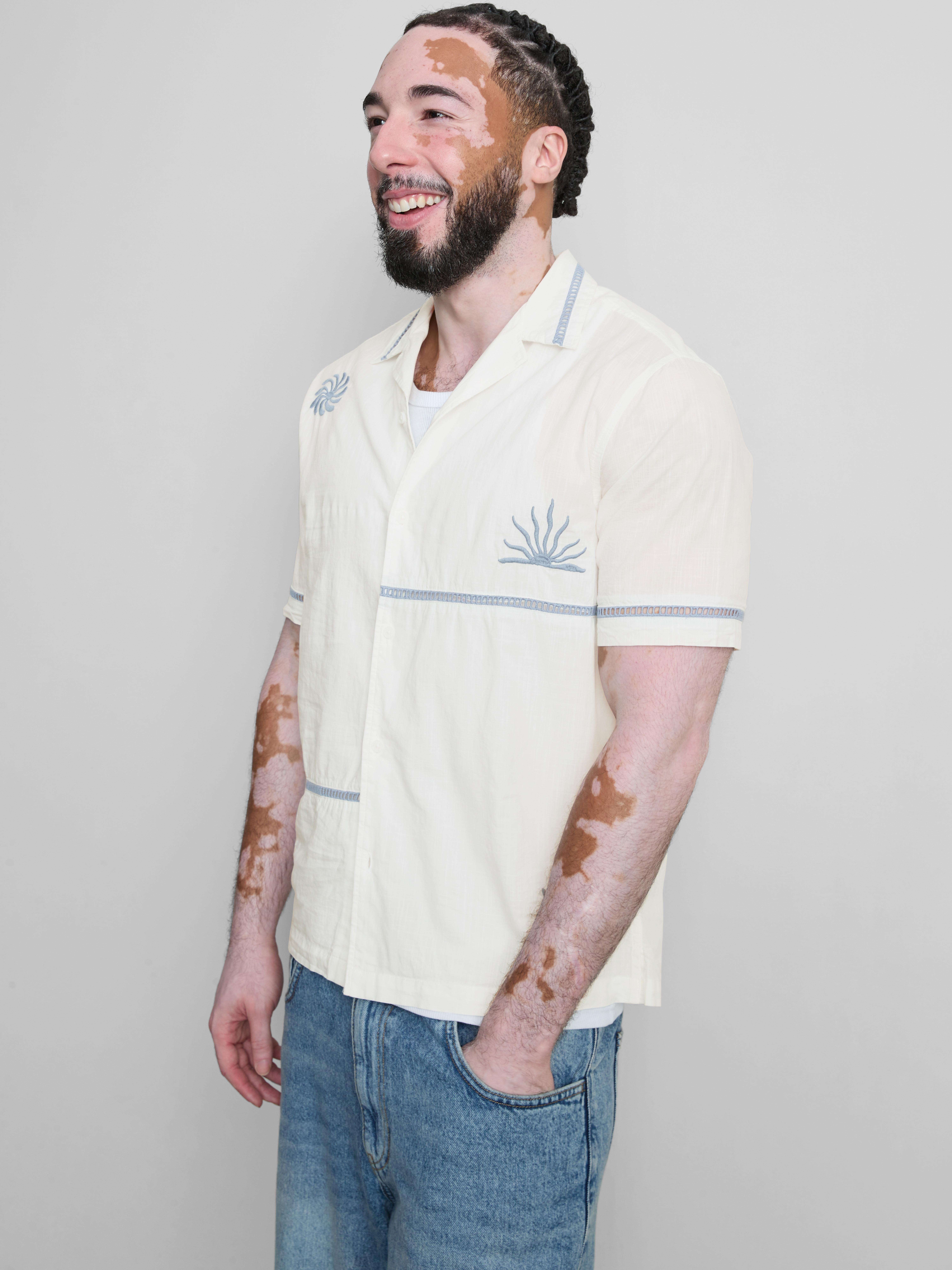 Pure Cotton Embroidered Revere Collar Shirt