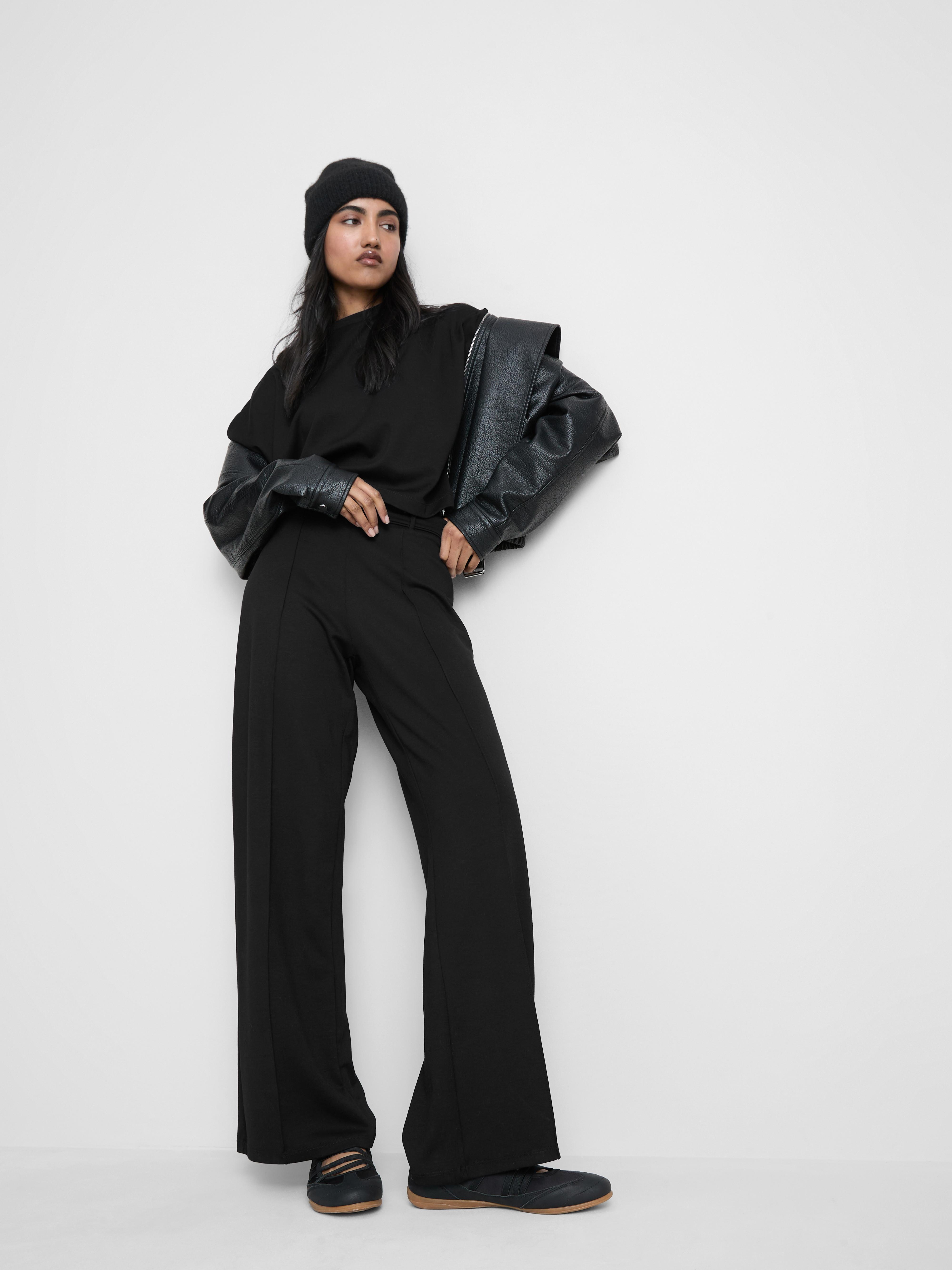 Women's Black Belted Straight Leg Pants