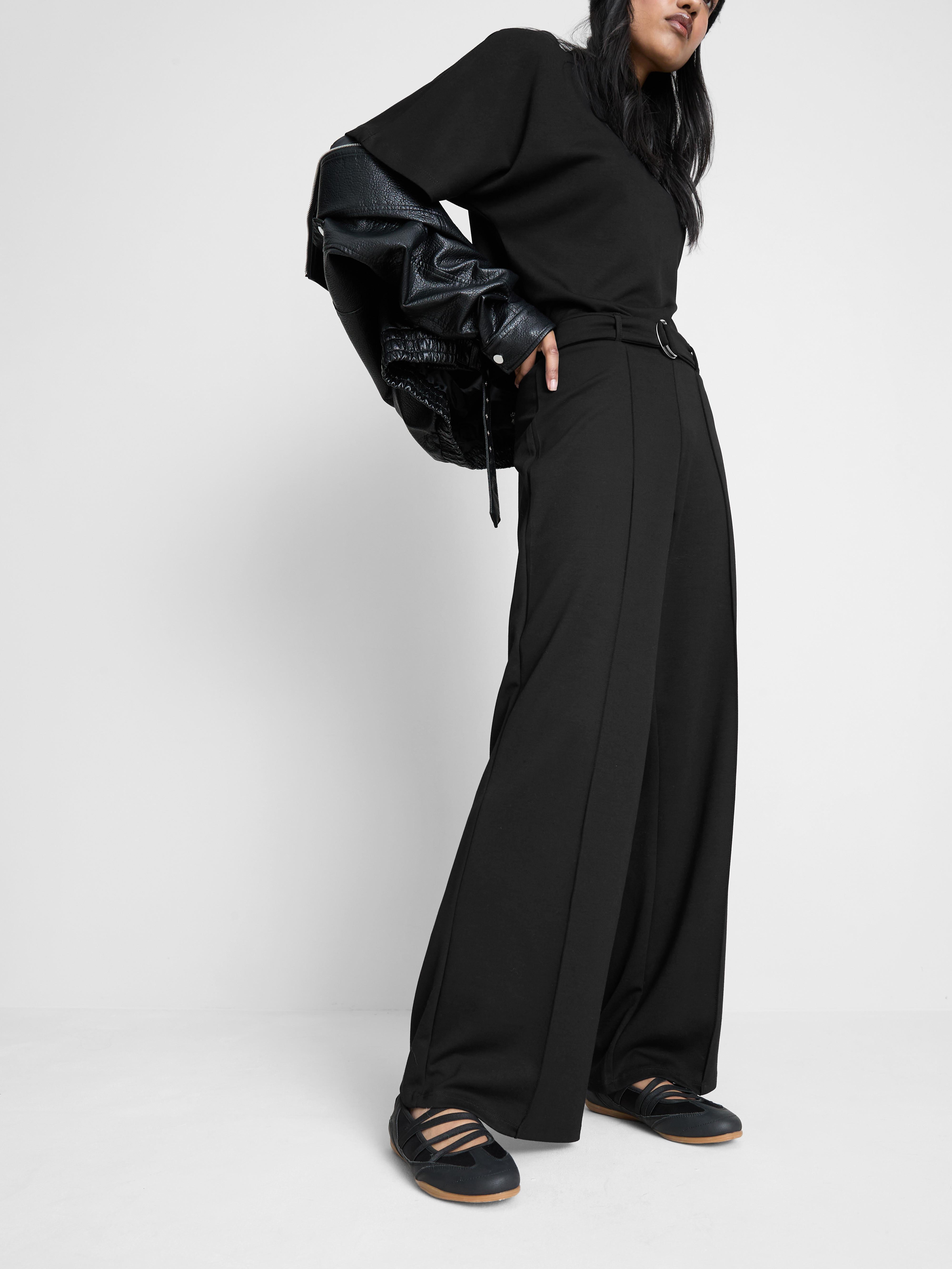 Women's Black Belted Straight Leg Pants