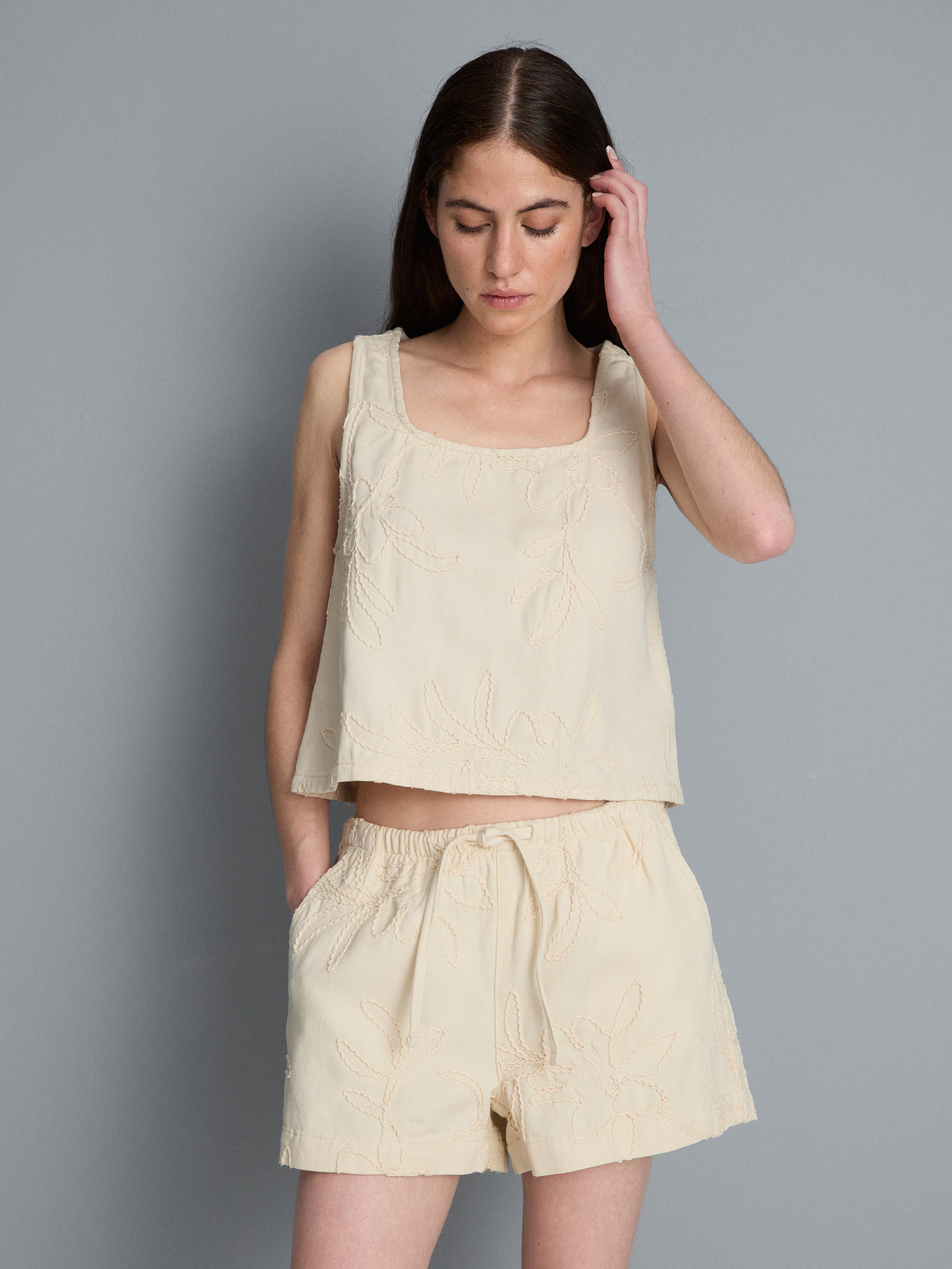 Cotton Denim Embroidered Cornelli Shorts
