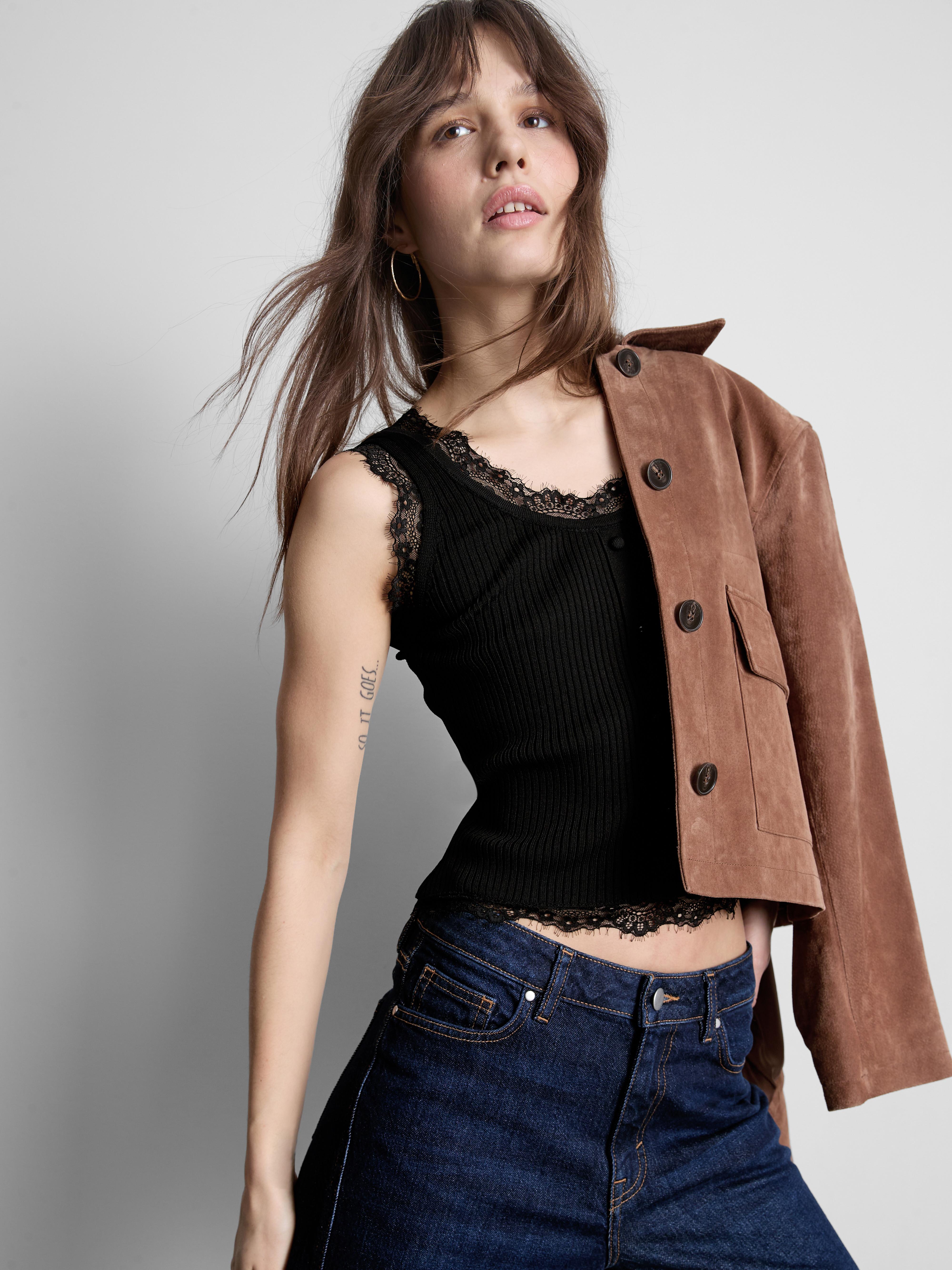 Women's Black Lace Trim Ribbed Tank Top | Primark