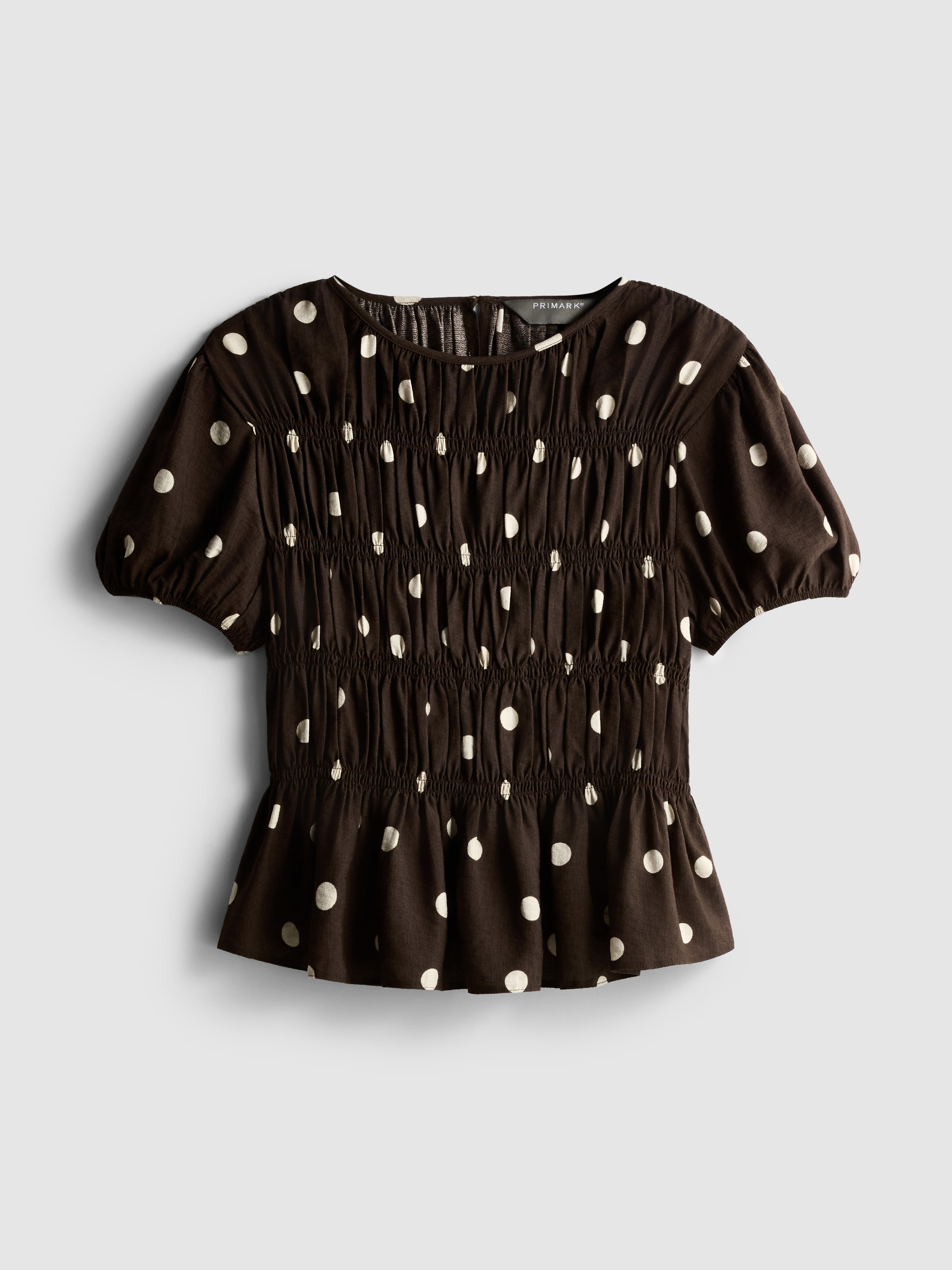 Spotted Shirred Crewneck Top