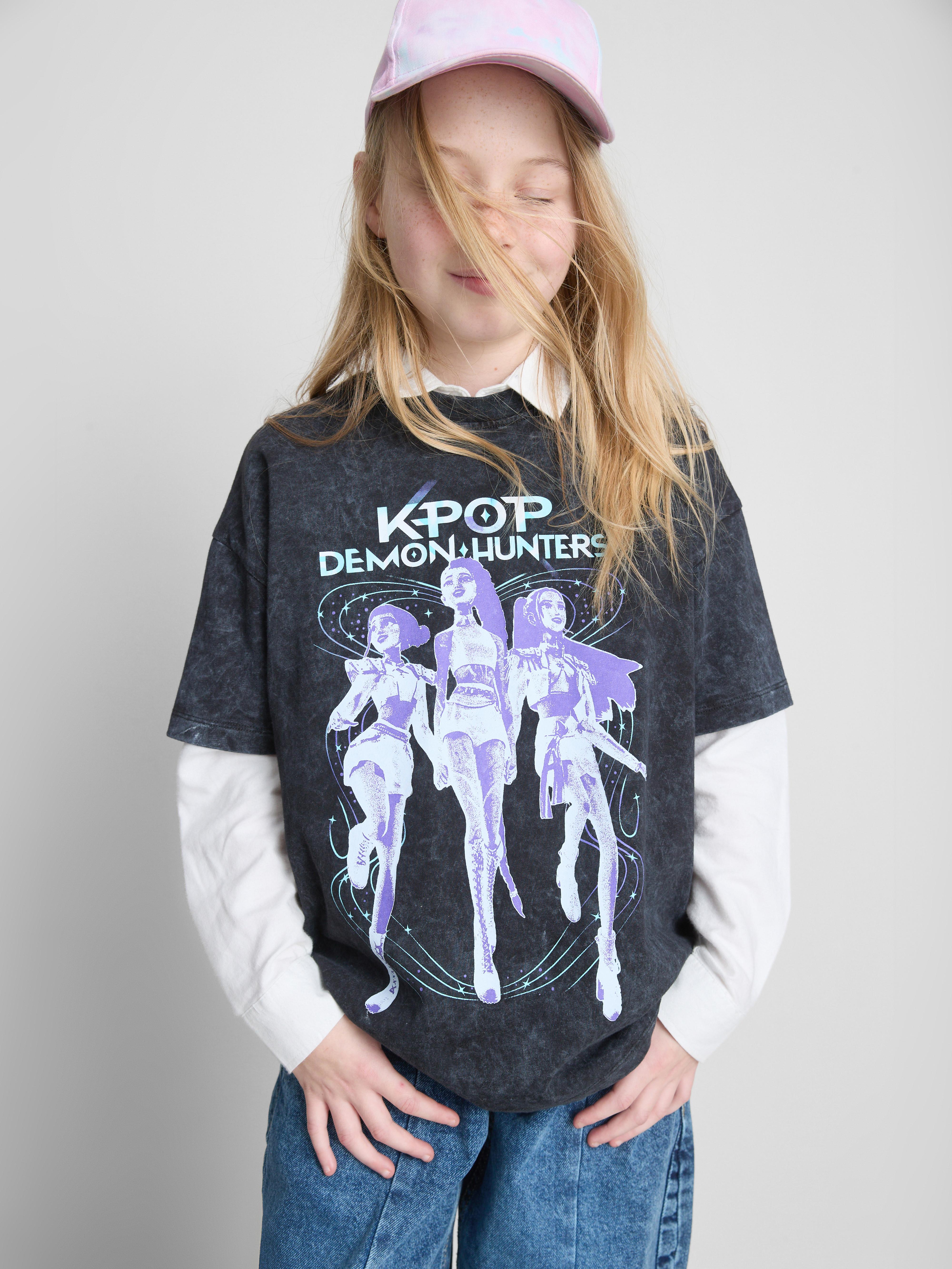 Girls Charcoal 7-15yrs | KPop Demon Hunters Huntr/x Acid Wash T-Shirt