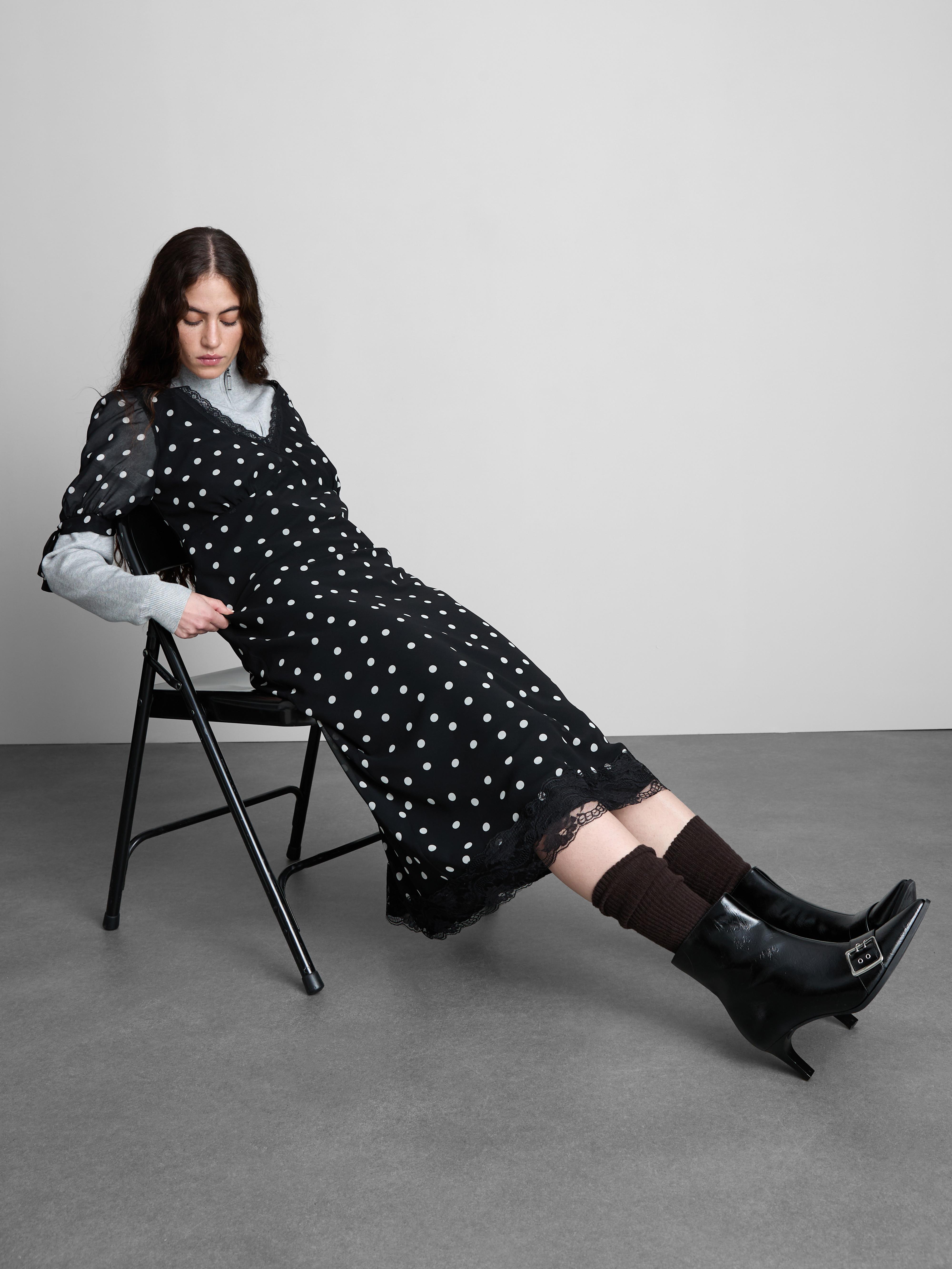 Lace Trim Polka Dot Midi Dress