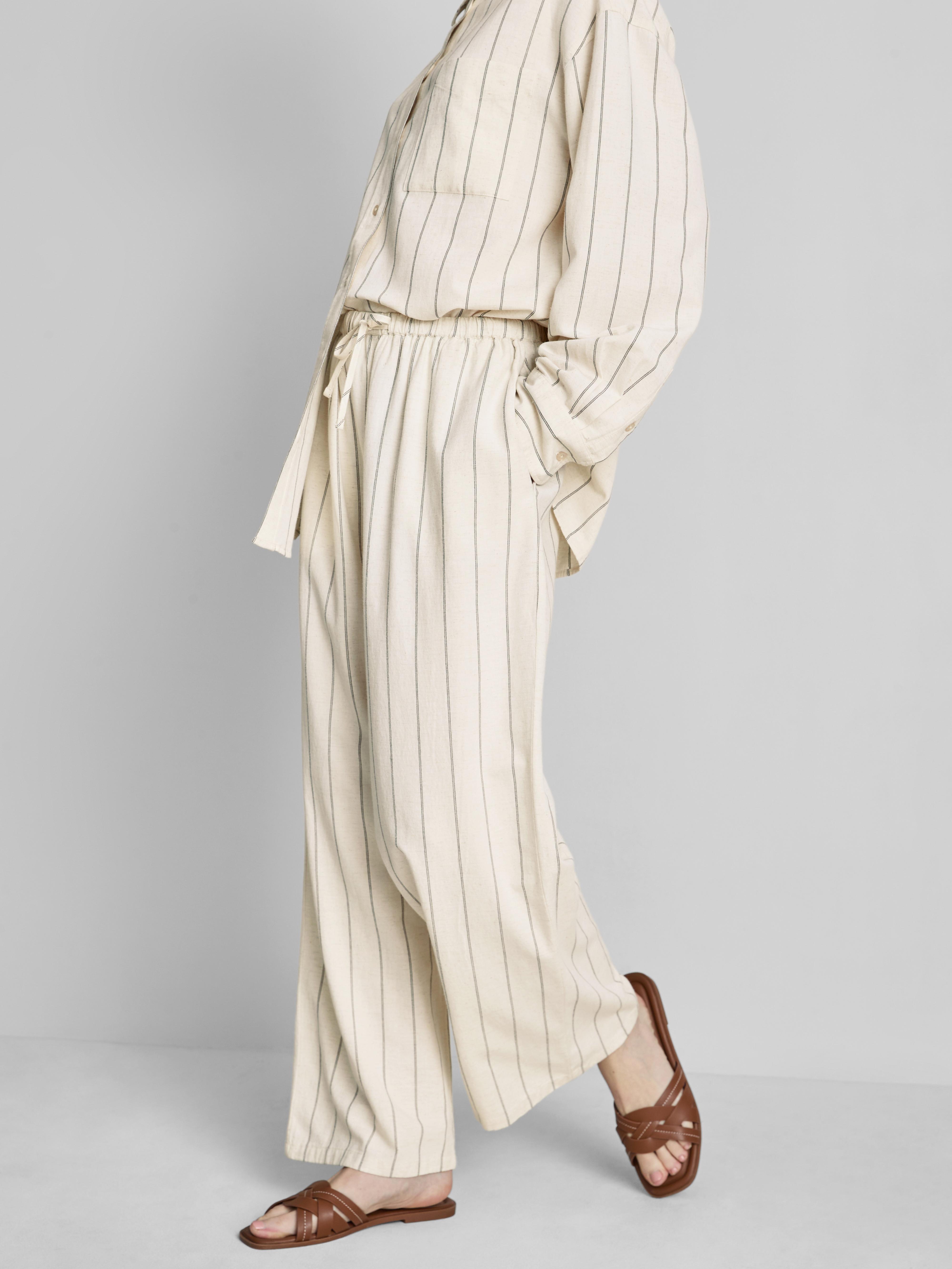 Cotton Blend Striped Wide Leg Trousers