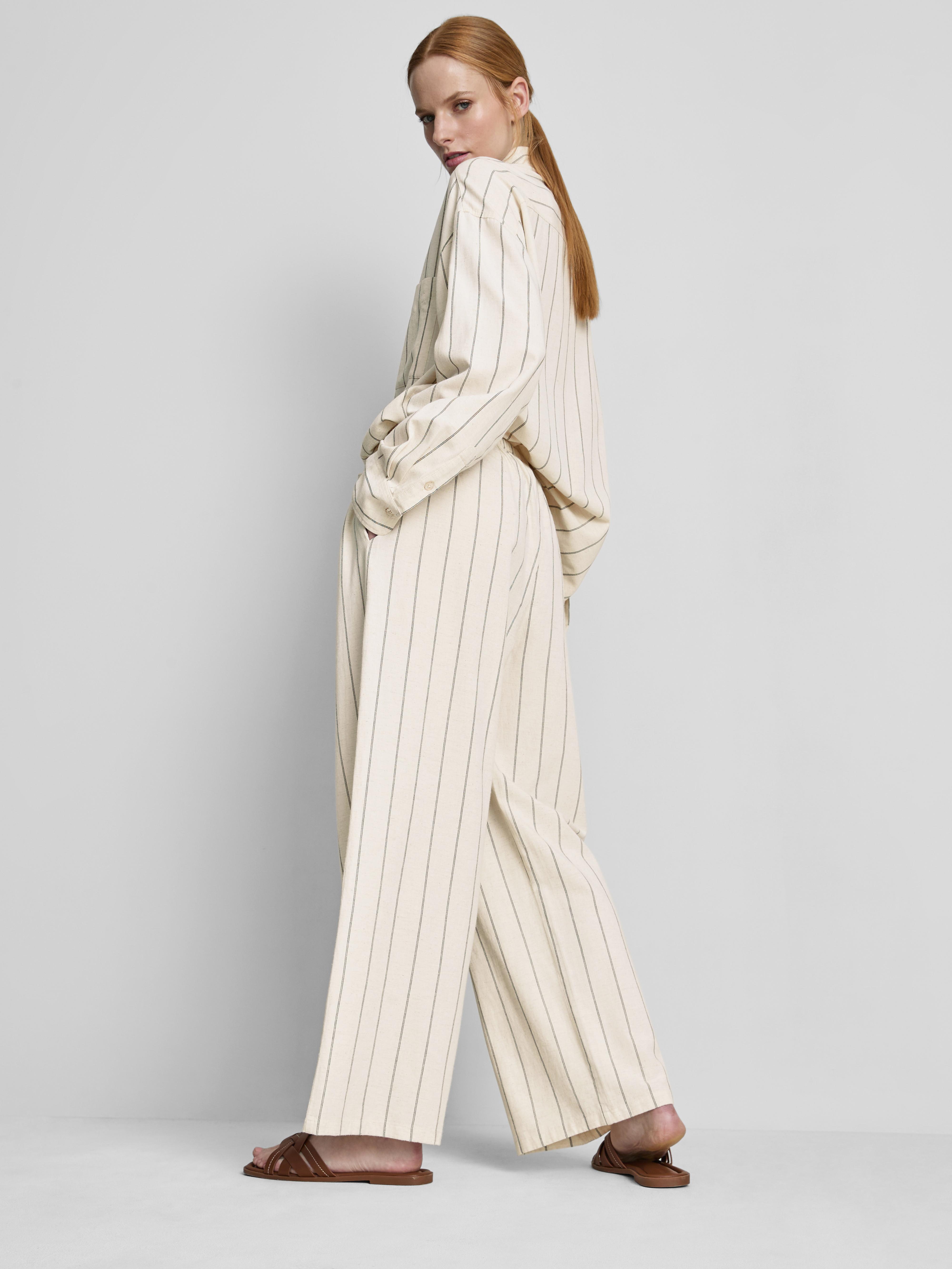 Cotton Blend Striped Wide Leg Trousers