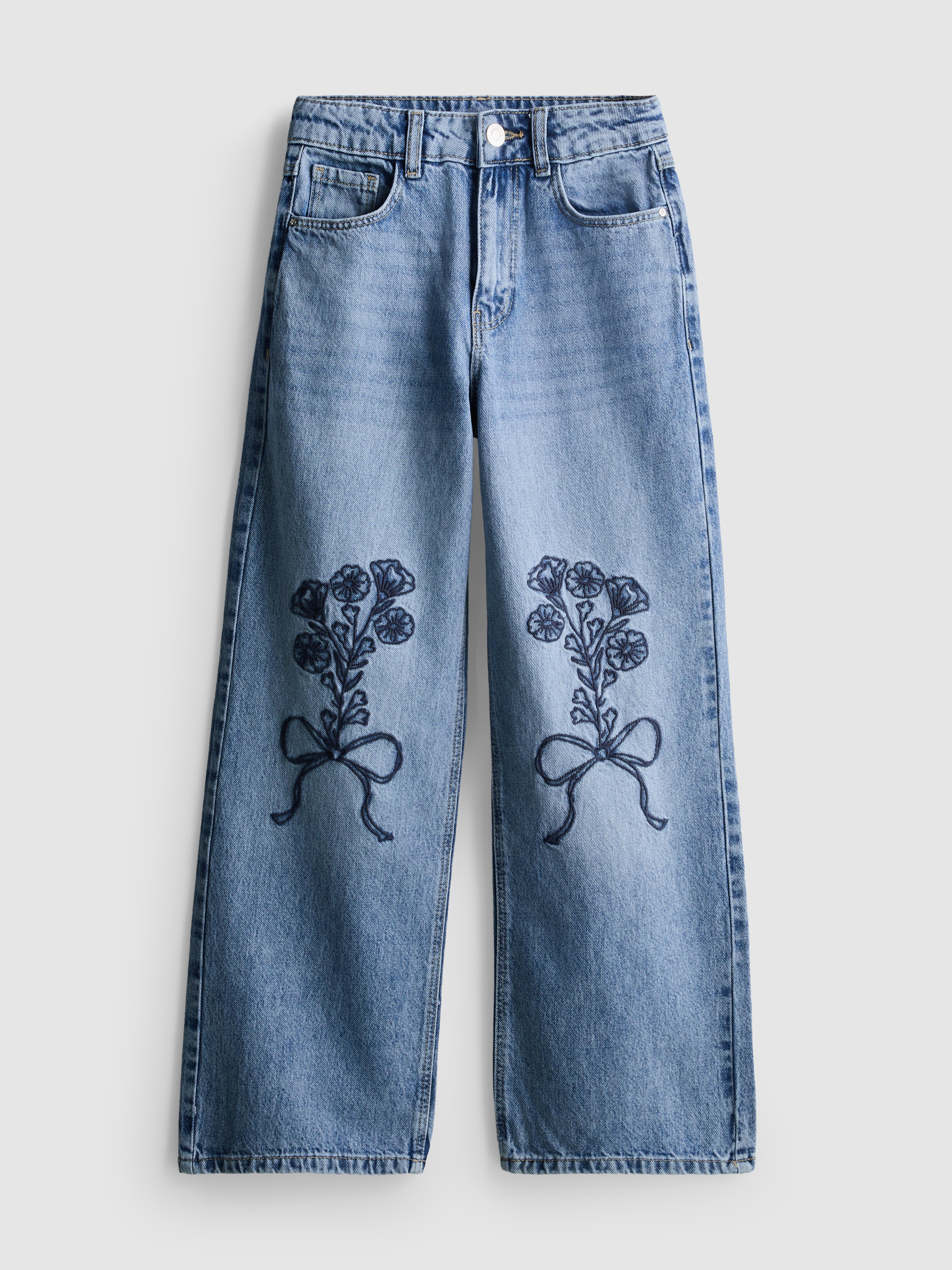 7-15yrs | Floral Bow Embroidered Wide Leg Jeans
