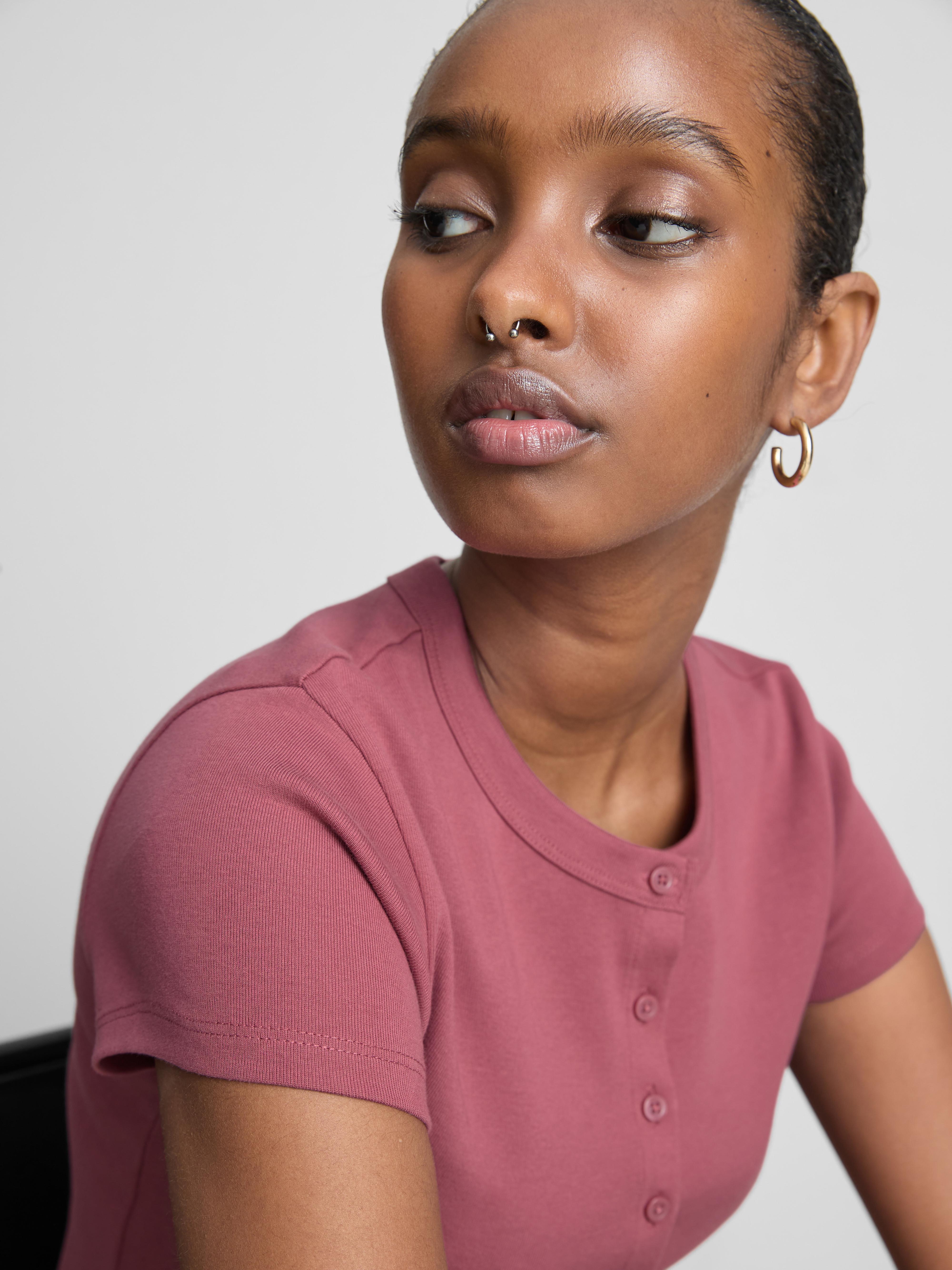 Cotton-Rich Ribbed Button-Through Top