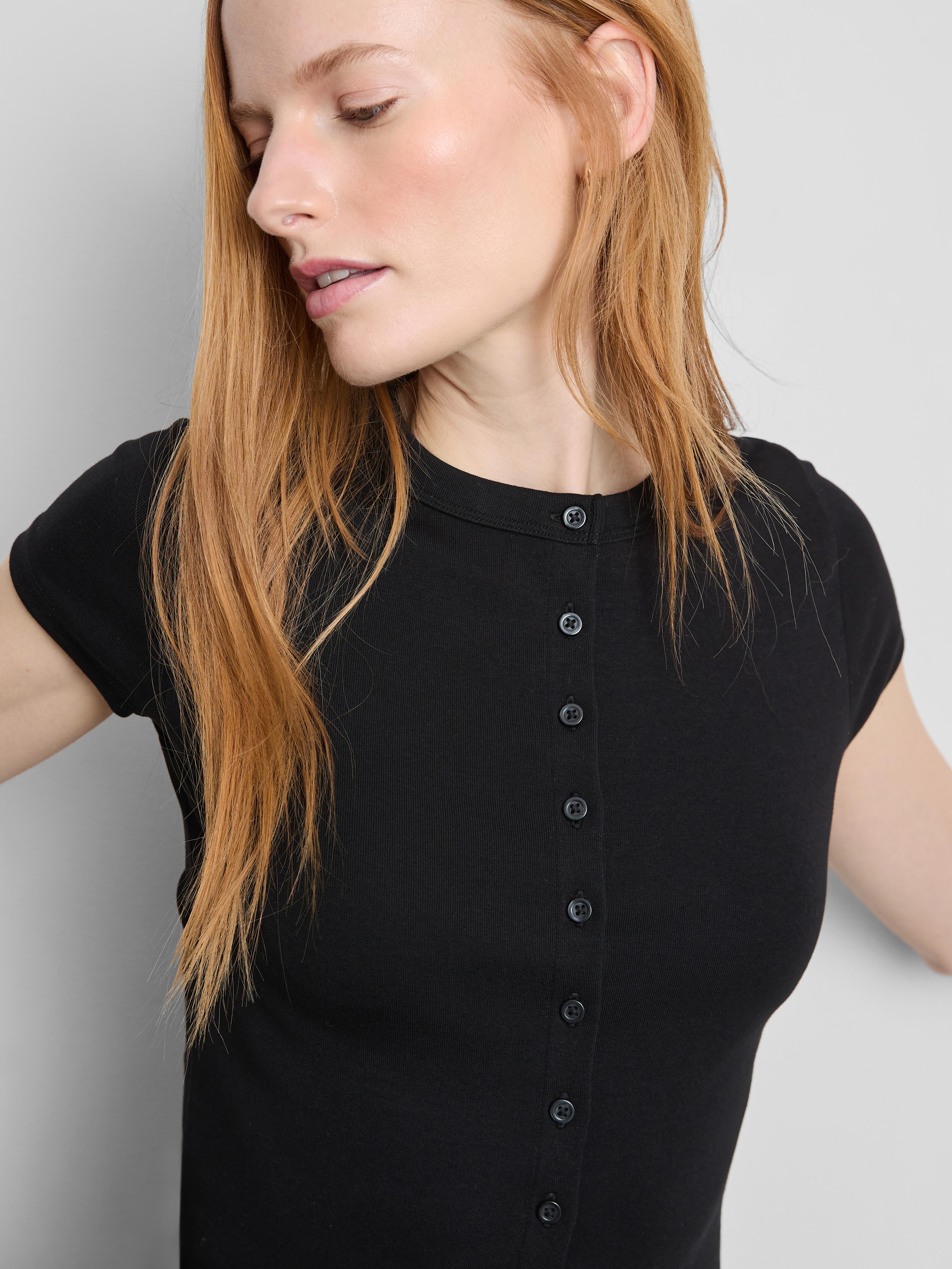 Cotton-Rich Ribbed Button-Through Top