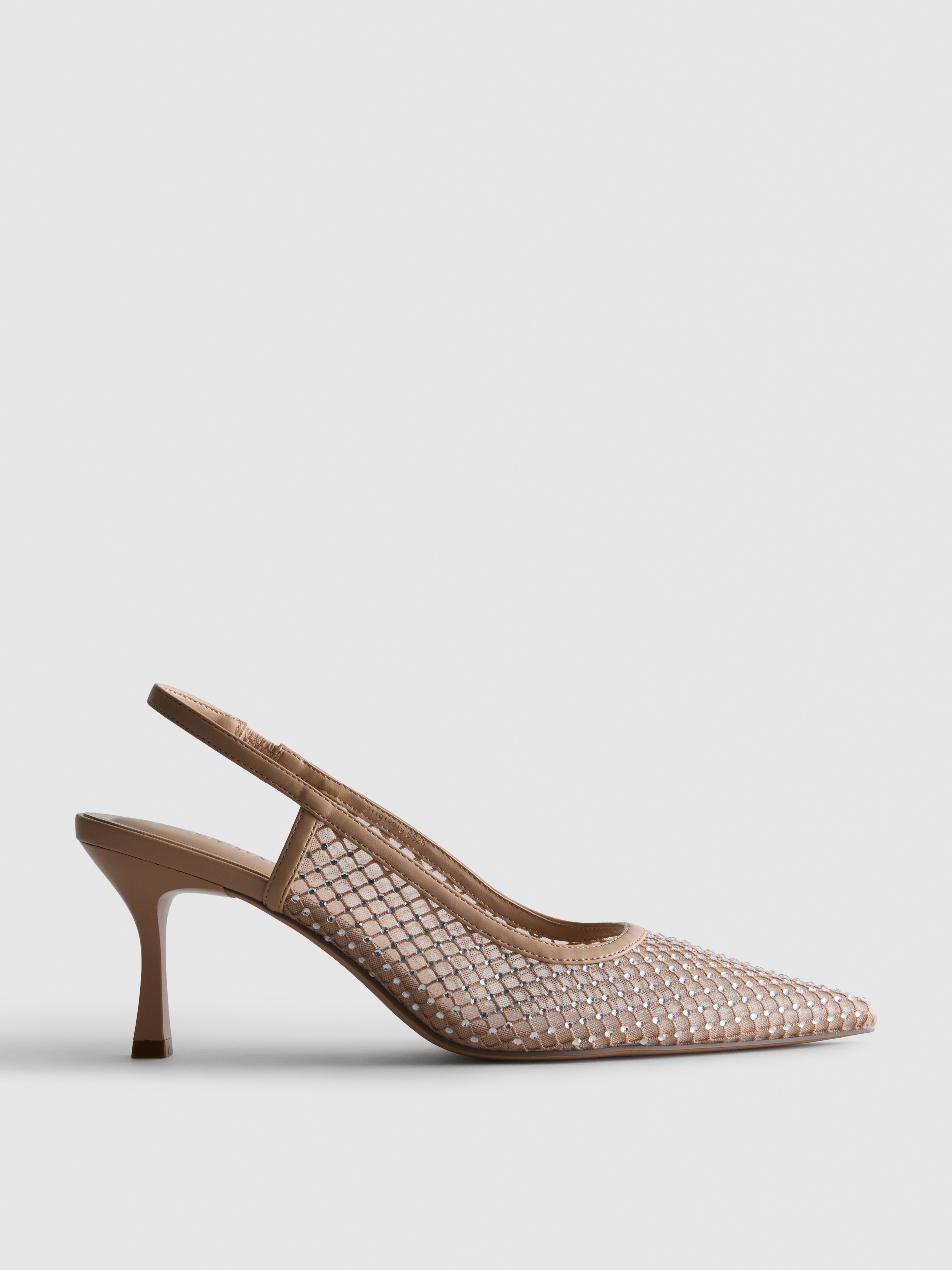 Slingback-Heels aus Netzstoff mit Strasssteinen